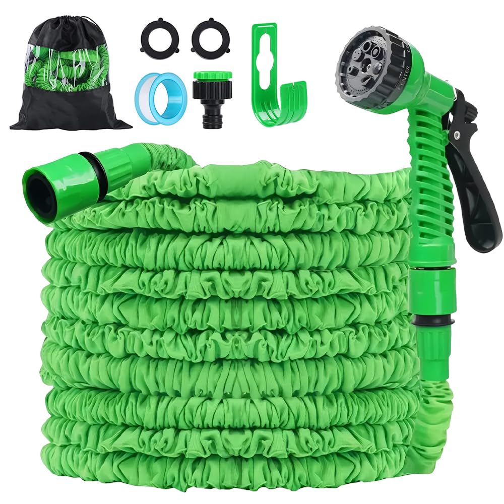 Expandable Garden Hose Pipe 30m 100ft, Garden Hoses, Flexible Hose Pip with 7 Function Spray Gun,Extendable Water Hose Retractable Magic Hose Pipe for Gardening Car Washing (Green)
