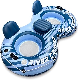 TINSUN Heavy Duty River Float Tubes for Adults - Upgraded Design Sport Lounge, Mesh Bottom, Cup Holders, Handles, Headrest - Inflatable Water Float for Beach, Lake, Pool, Rafting
