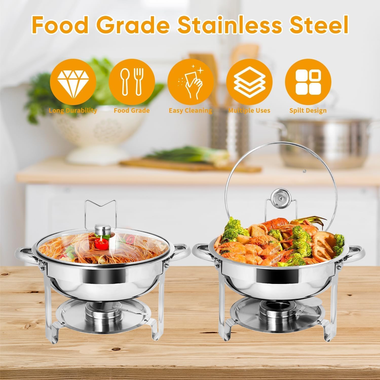 Set di scaldavivande da 5,5 l, 4 pezzi rotondi per catering, con coperchio in vetro, scaldavivande in acciaio inox, per acqua e cibo