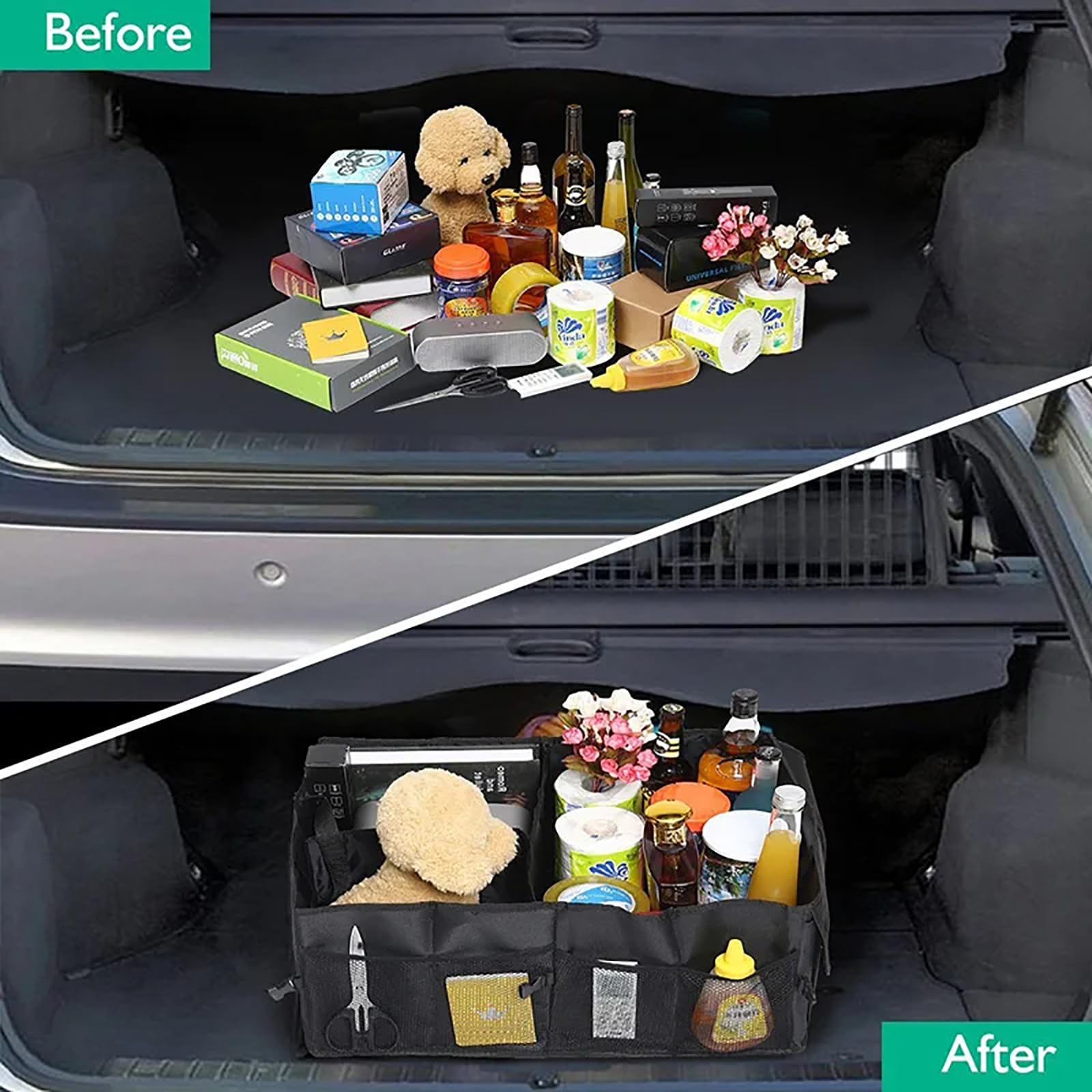 Kofferraum-Organizer für SUV, 55 l, zusammenklappbarer Kofferraum-Organizer für Auto, tragbarer SUV-Kofferraum-Organizer und Aufbewahrungsbox mit verstärkten Griffen, Größe M, Schwarz, 2 Stück