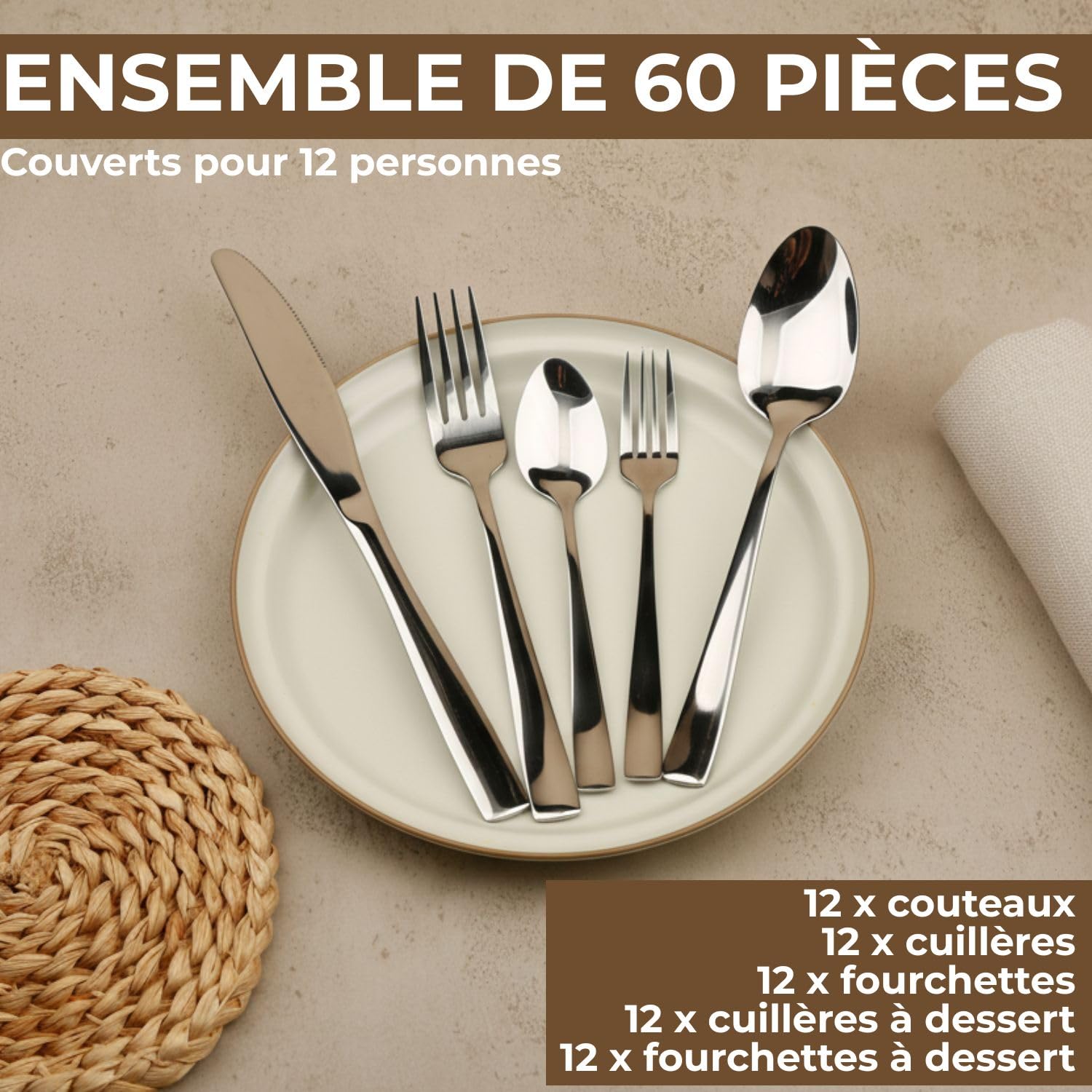 Set couverts de table 6 personnes (30 pièces) avec range couverts pour tiroir. set de couvert de table inox pour cuisine. Lot couvert de table avec rangement tiroir cuisine extensible (60 pièces)