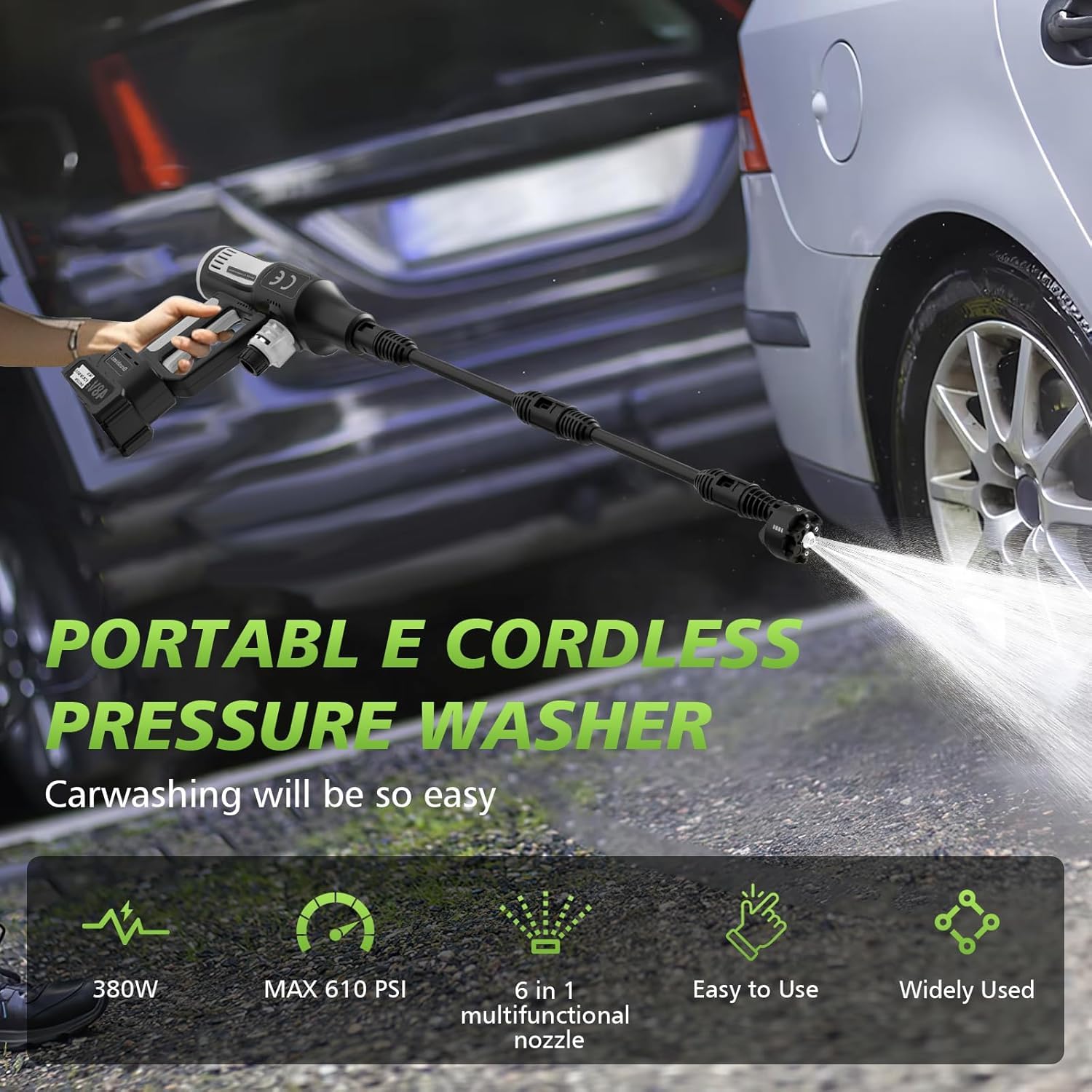Akumulatorowa myjka wysokociśnieniowa kompatybilna z Makita 18 V | 610 PSI, 380 W, przenośna myjka wysokociśnieniowa z wielofunkcyjną dyszą natryskową 6 w 1, 4 poziomy czyszczenia, wąż 5