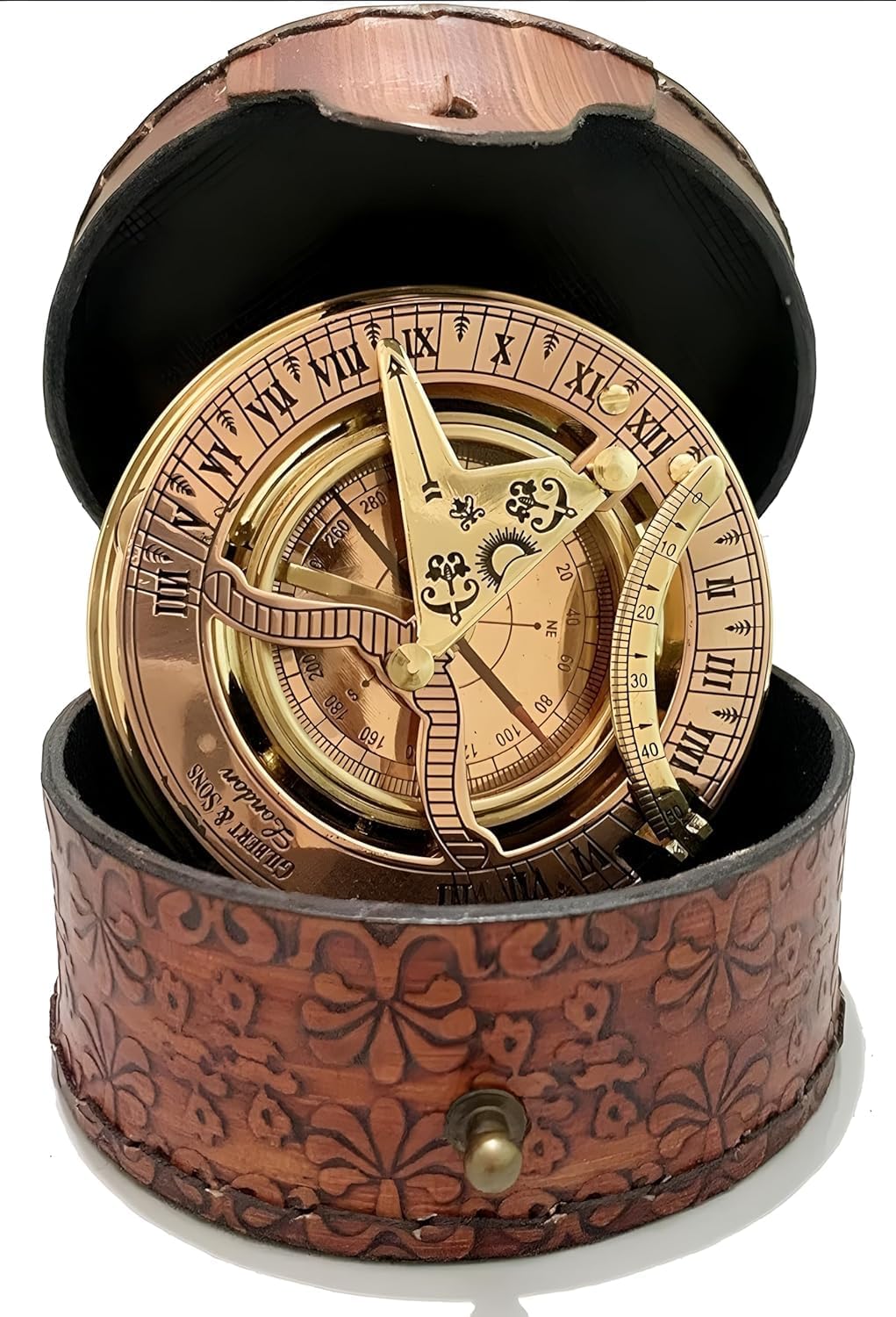 Generic Real Nautical Store Antique Brass Sundial Compass Marine Boat Gift Pocket Sun Dial in Box Nautical Marine Gift Sun Clock Pirate Ship Replica with Leather case Gilbert Father day