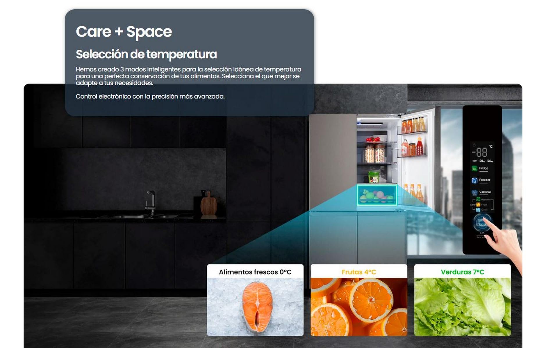 INFINITON Frigorifico Americano AMCB-415CD82XET, 415 Litros, 182 cm de Altura, Inverter Technology, No Frost Total, Fast Cooling, Fast Freezing, Tecnología Care + space, E, Inox