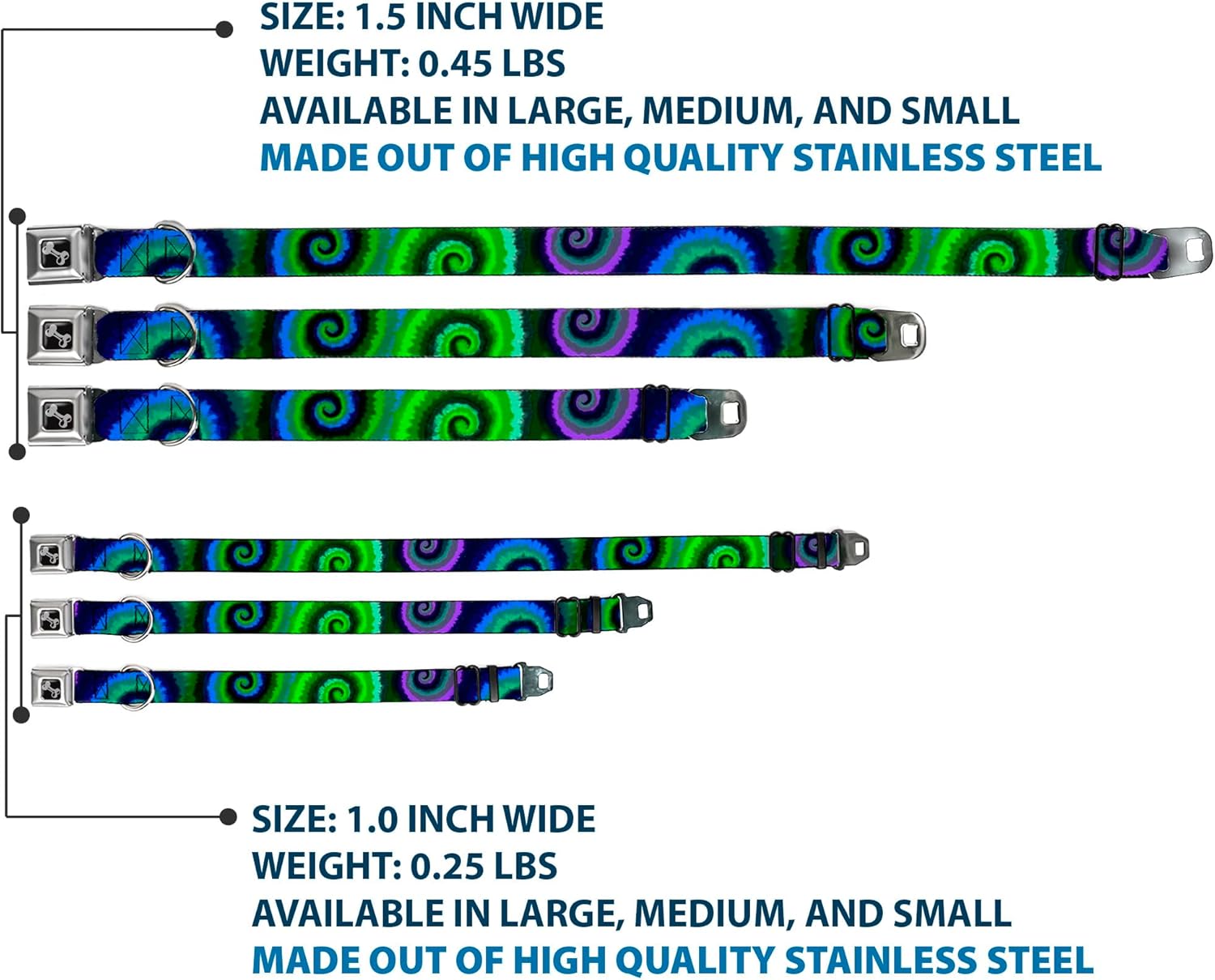 Dog Collar Seatbelt Buckle Tie Dye Swirl Green Blue Purple 11 to 17 Inches 1.0 Inch Wide