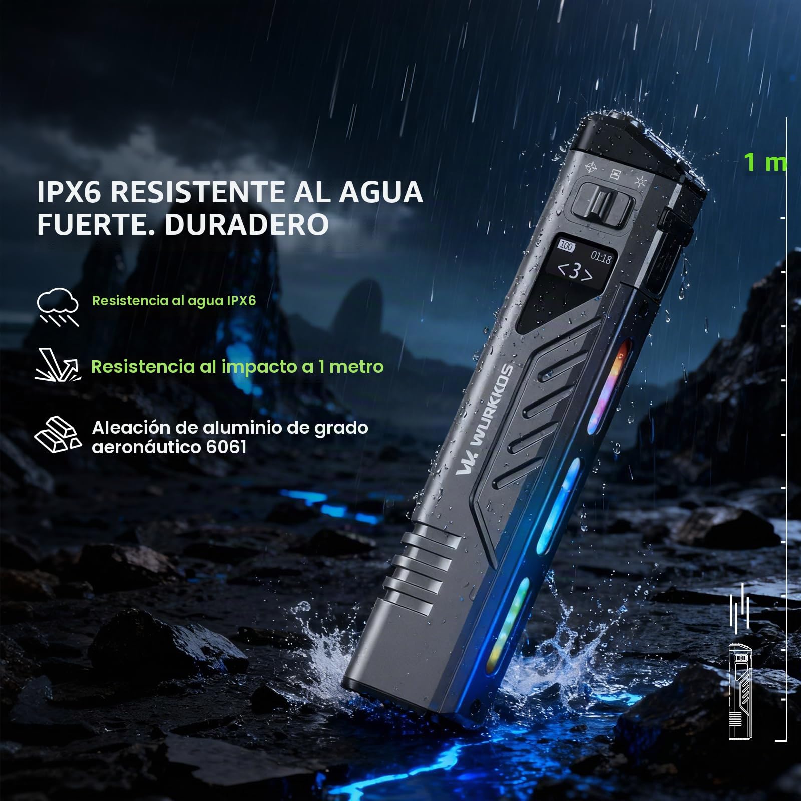 Wurkkos TD11 Linterna EDC Recargable 3000 Lúmenes, USB-C, Pantalla OLED, 3 Modos (Enfoque/Inundación/RGB), Interruptor Linterna Táctico, IPX6, Portátil para Camping y Emergencias