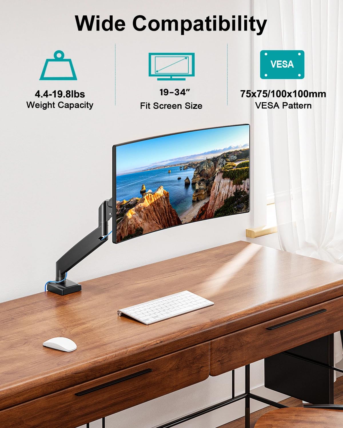 Soporte de escritorio para monitor individual, brazo ajustable de monitor de movimiento completo de 19 a 34 pulgadas, soporte para monitor de computadora con abrazadera y base de ojales, se adapta a