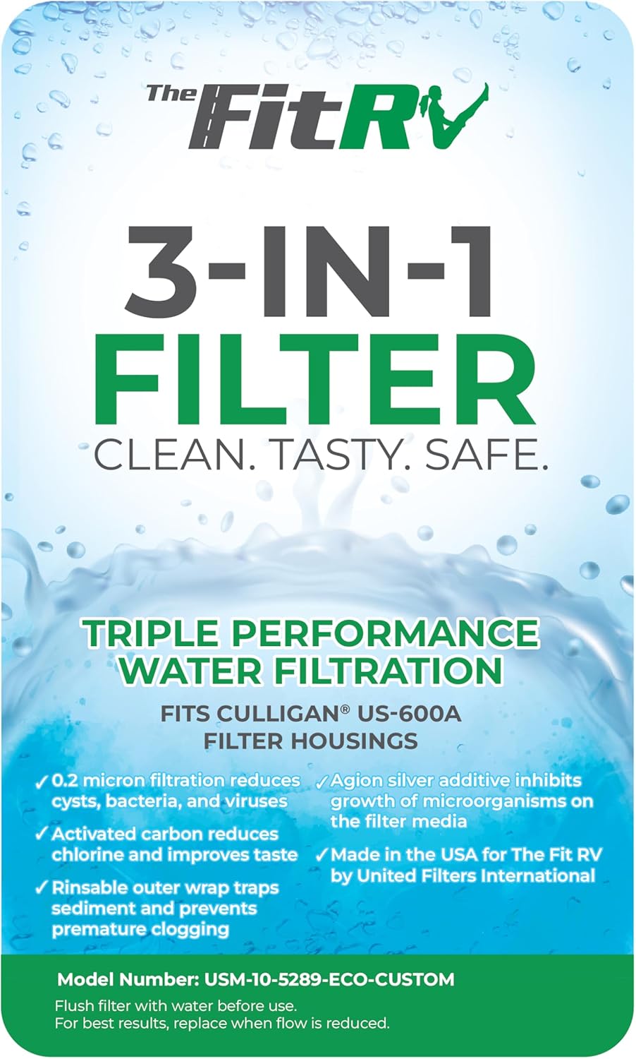 The Fit RV 3-in-1 RV Water Filter Replacement Cartridge | Activated Carbon | 0.2 Micron Filtration | Perfect for RV Use (USM-10-5289-ECO-CUSTOM, 2.3" x 9.7")