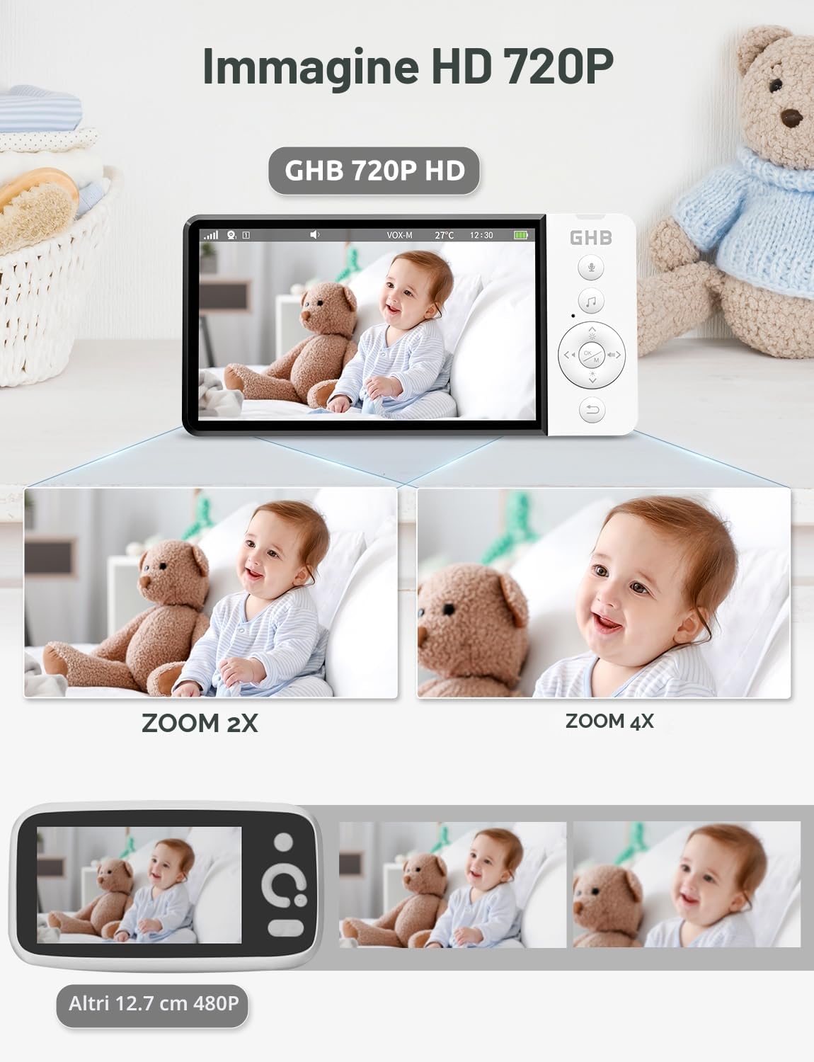 Baby Monitor Video Audio 5" Schermo IPS 5000mAh Visione Notturna Sensore Temperatura VOX Ninnananna