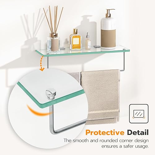 Miniatura 5 de HOOBRO Estantes de vidrio flotante, estante de baño de vidrio de 15.7 pulgadas montado en la pared, estante de vidrio templado con barra de acero