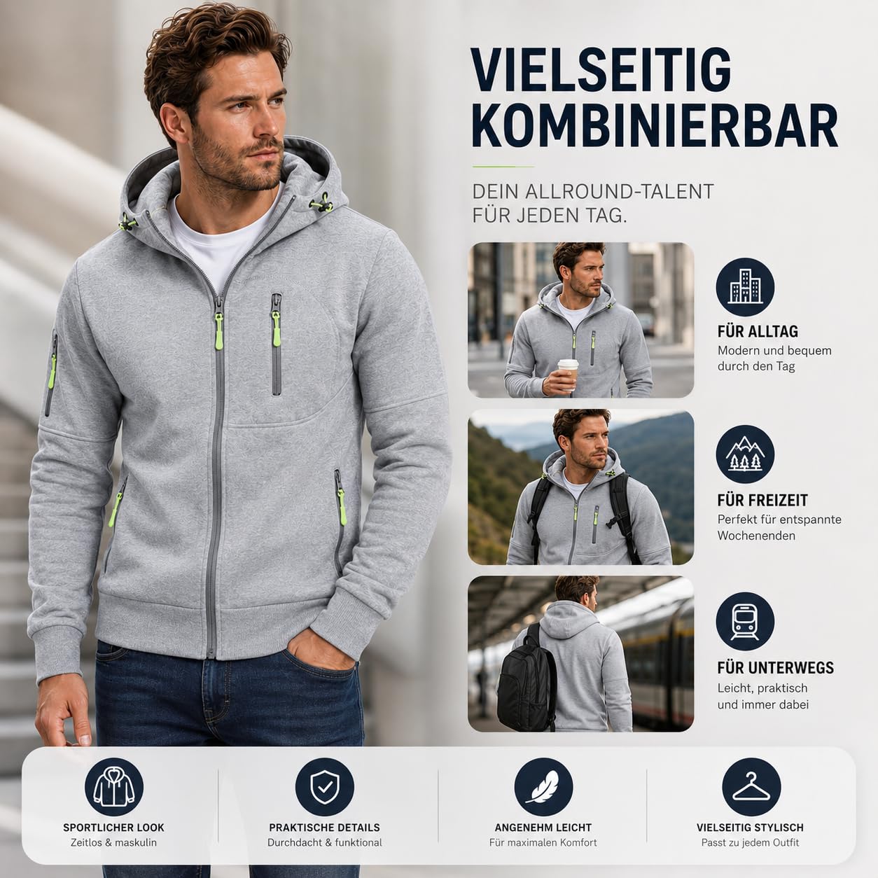 Sweatjacke Herren Hoodie Mit Kapuze Leichte Sweatshirt Jacke Langarm Sport Kapuzenjacke Kapuzenmantel Casual Oversized Sportjacke Übergangsjacke Jogging Einfarbig Outdoorjacke Mit Reißverschluss