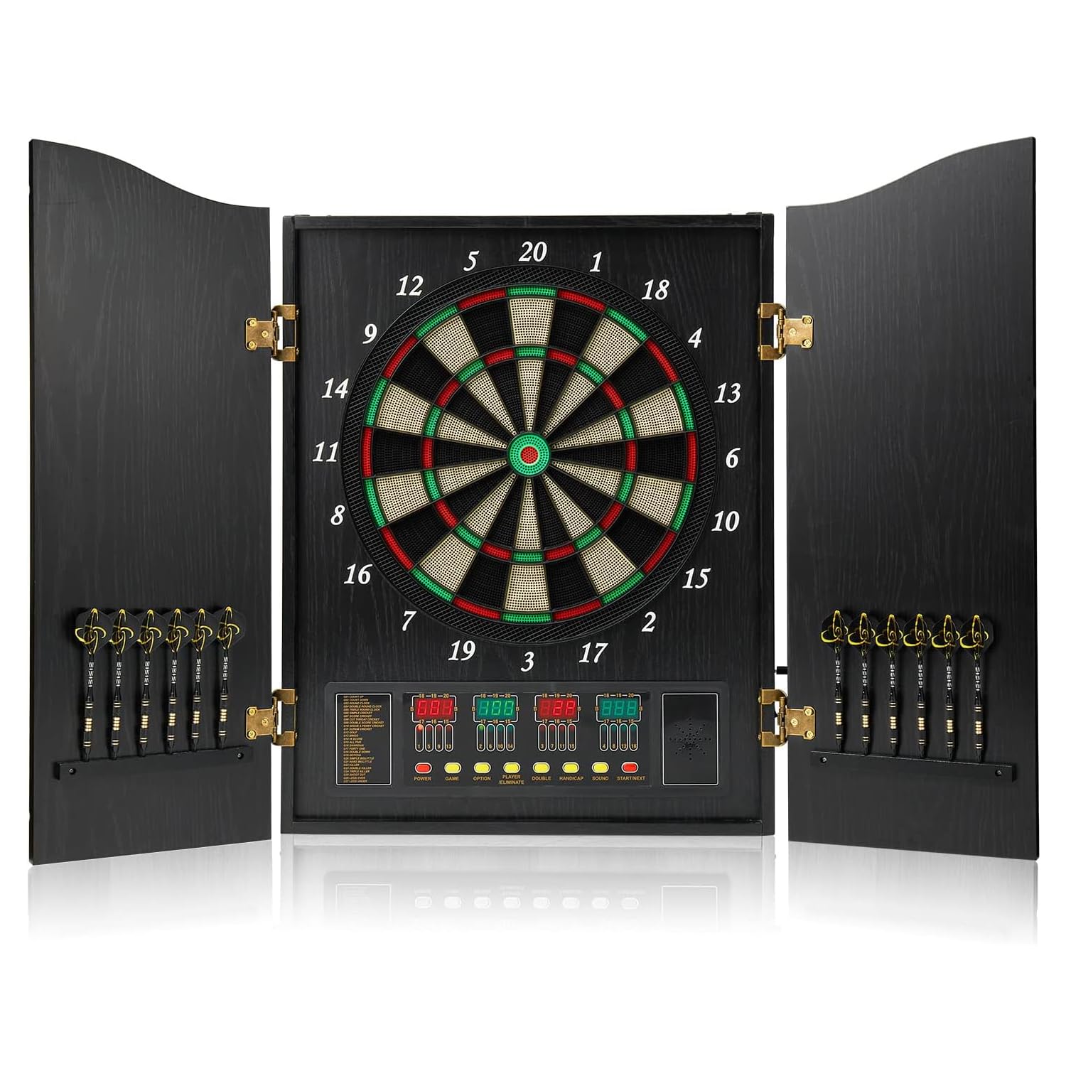 Bersaglio per freccette, set decorativo per freccette [12 freccette a punta morbida], bersaglio elettronico per freccette – ante in legno con tabellone segnapunti integrato per sale giochi
