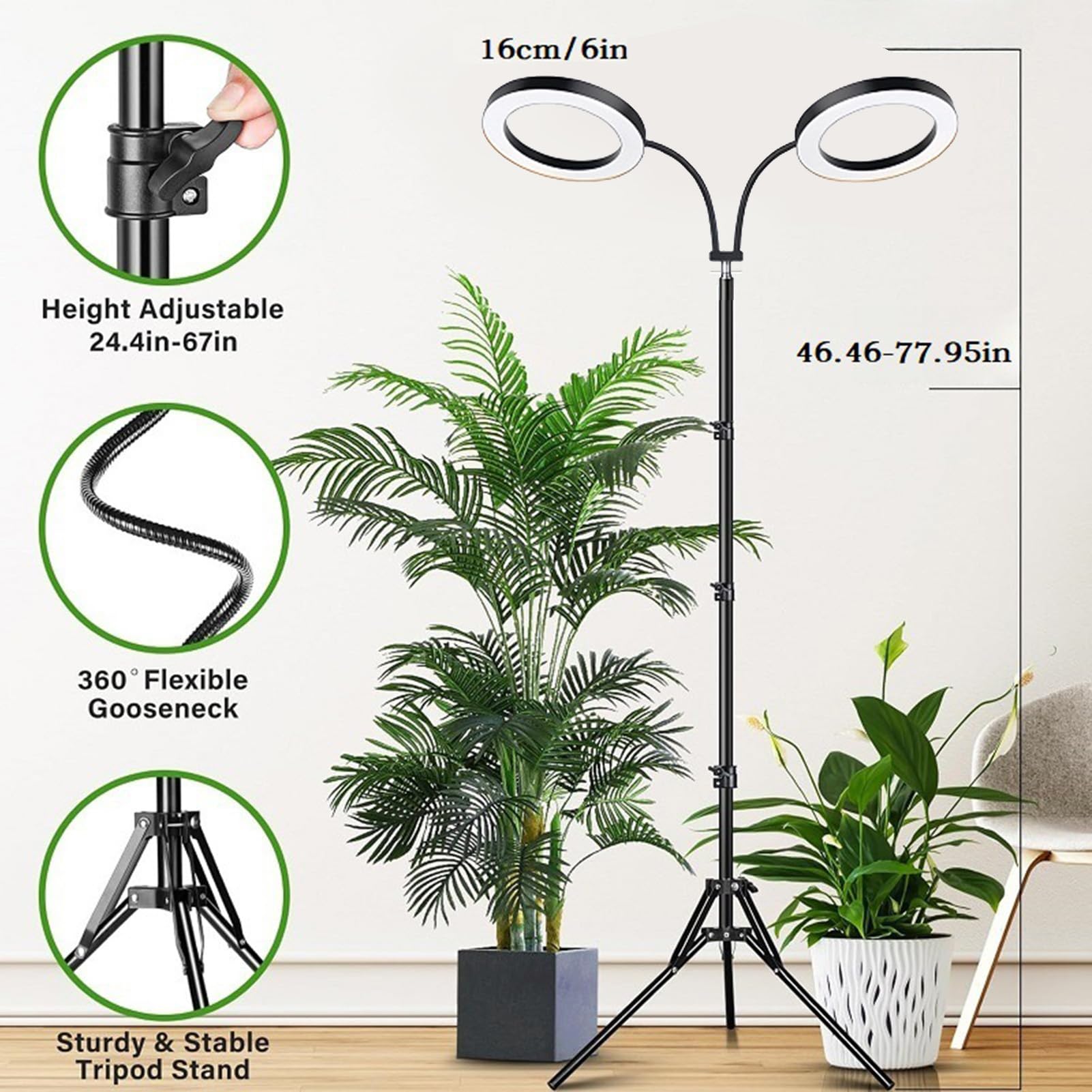 Lampada per Coltivazione delle Piante Lampada per Crescita a Spettro Completo con Timer 6 Livelli di Luminosità Altezza Regolabile per Piante da Interno Succulente Erbe Fiori 108 (Spina UE 2 teste