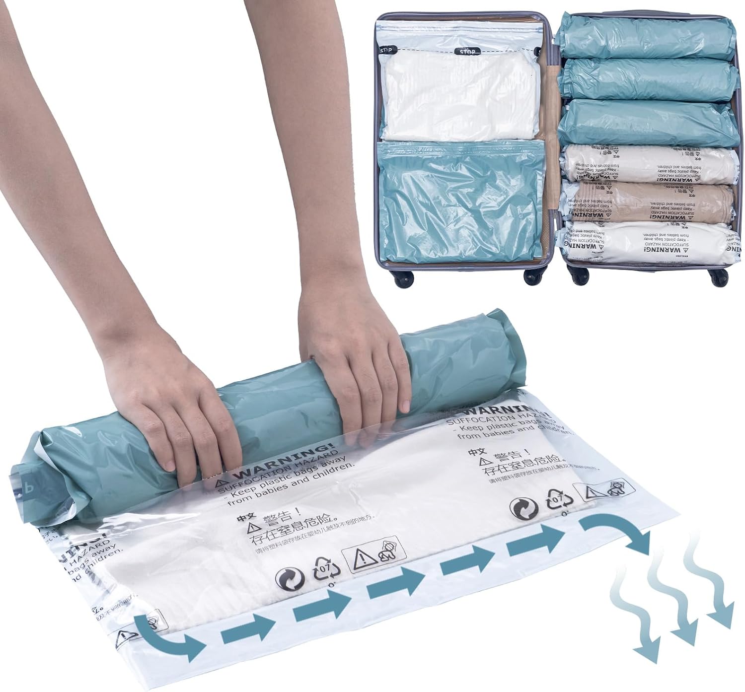 TAILI 12 Pack Travel Compression Bags, Roll Up Space Saver Bags (6 Large+6 Medium), No Vacuum Needed Reusable Packing for Luggage, Suitcase, Backpack, Travel Essentials, Forest Green