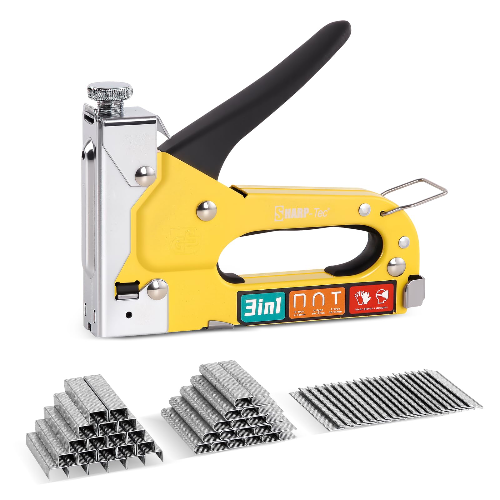 Sharp-tec 3-in-1 Staple Gun, Upholstery Staple Gun Kit with 3000 Staples, Staplers & Tackers with Quick-Jam Release for Wood, Cardboard, Crafts, DIY, Cable, Carpet (Yellow)