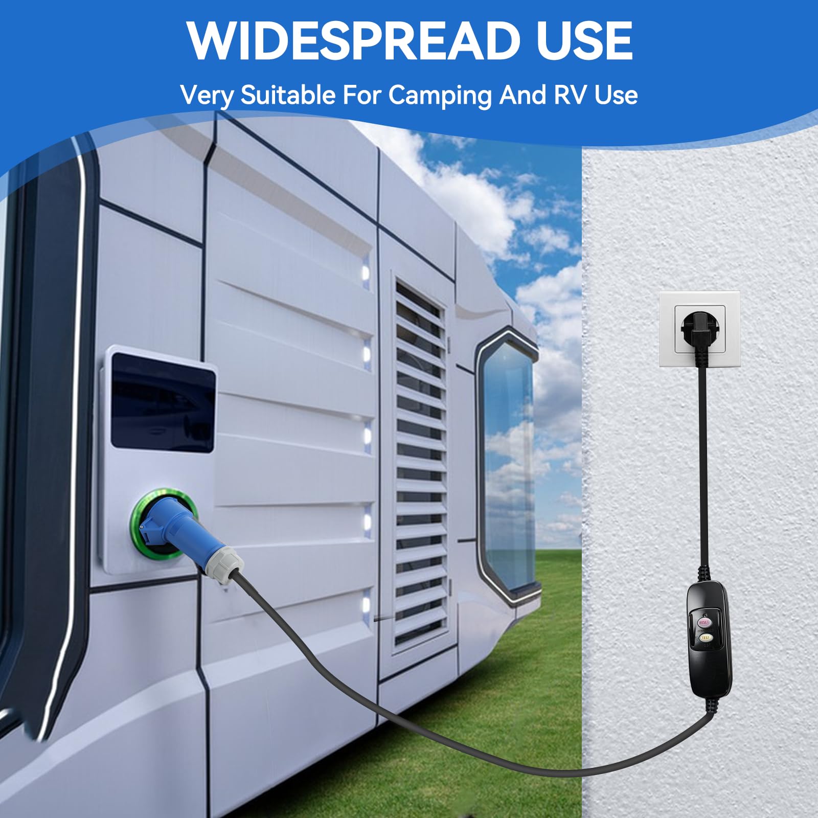 Cable Adaptador Schuko a CEE de 150 cm, 230 V, con Protección contra Fugas, Clase de Protección IP44/IP55, para Autocaravanas, Coches Eléctricos, Camping y Remolques de Construcción