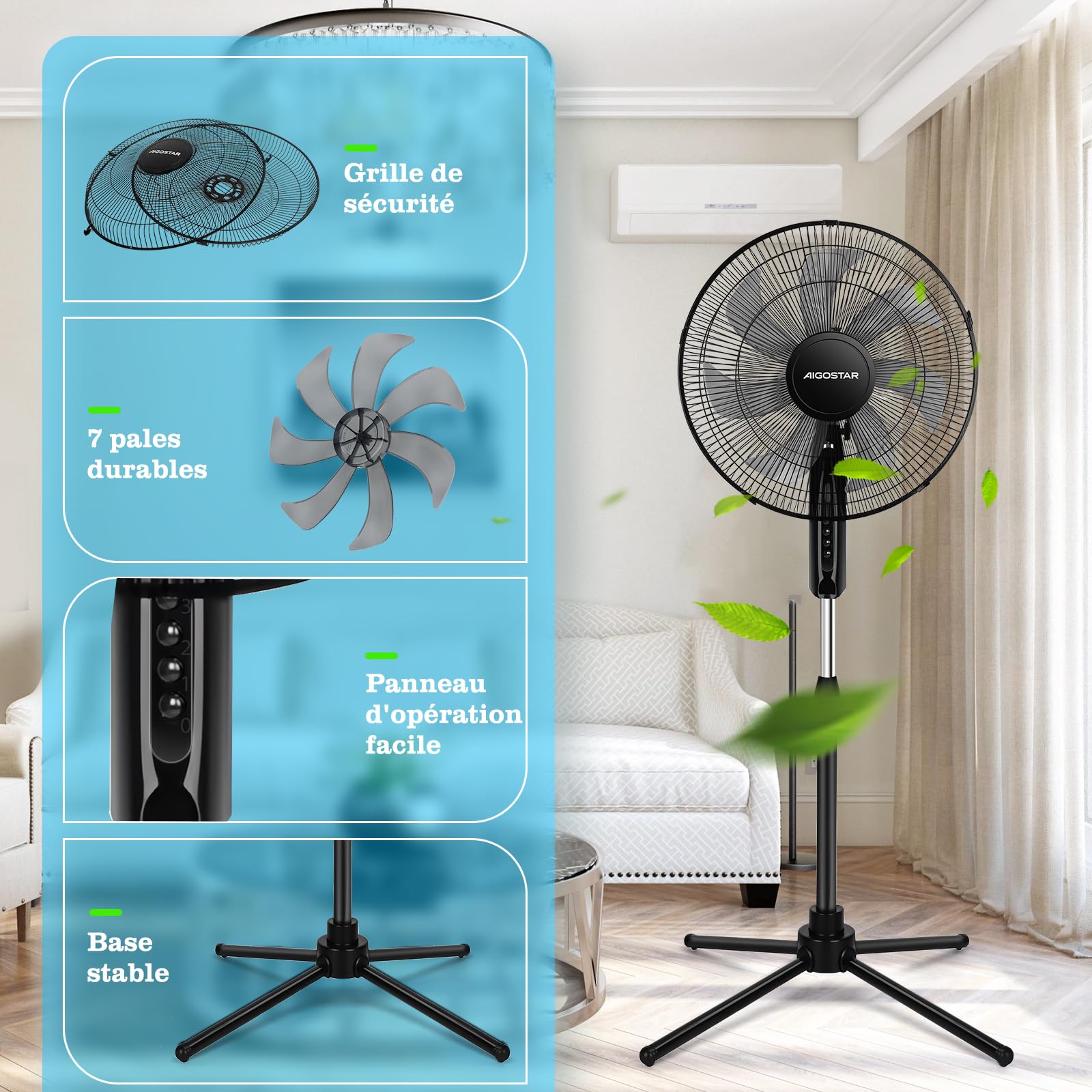 Aigostar Ventilateur sur pied, 7 Pales, 3 Vitesses, Puissant, Silencieux et Stable, 50W, Grille Sécurisée, VDE, Noir