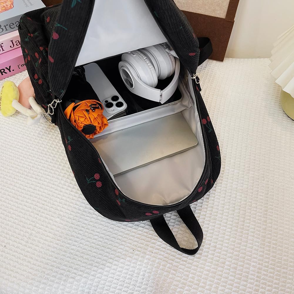 Cute Cherry Print Preppy Bag Large Corduroy Bookbag Lightweight 17-In Laptop Bag Women Travel Aesthetic Backpack