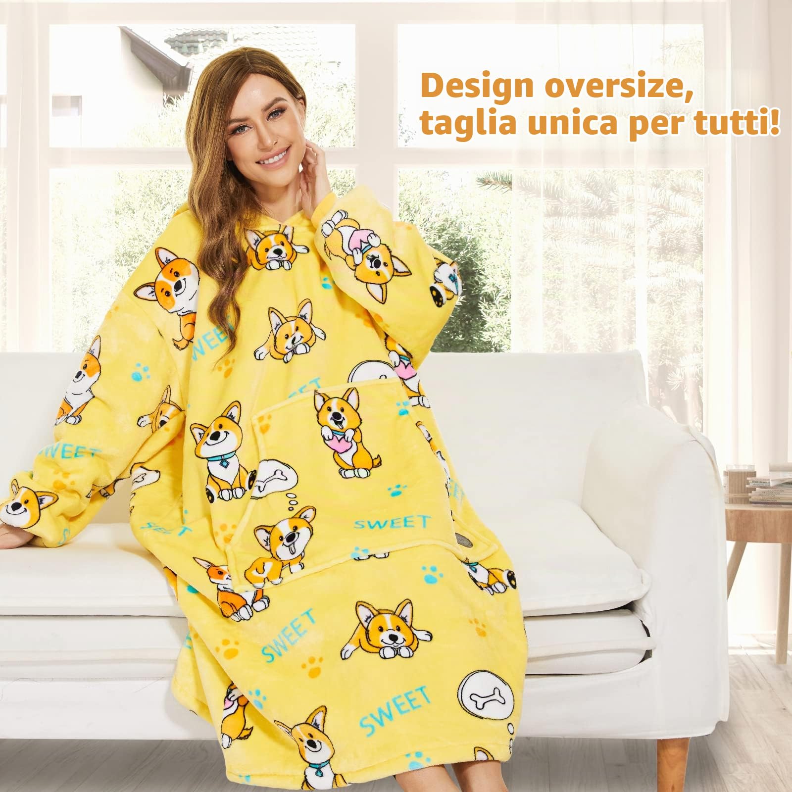 THREE POODLE Felpa Coperta Oversize Donna con Maniche e Cappuccio, Felpa Pile Giganti con Maniche