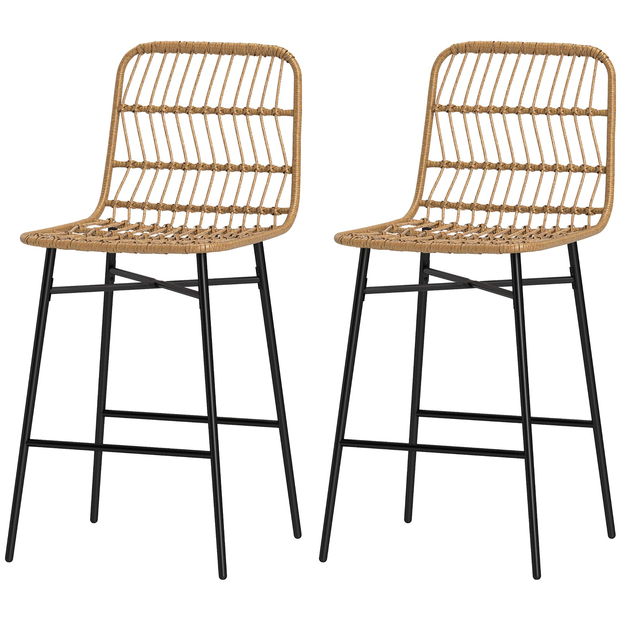 HOMCOM Conjunto de 2 Taburetes Altos de Cocina con Respaldo y Asiento de Ratán Sillas de Bar Modernas para Cocina Comedor, Carga 120 kg, Marrón