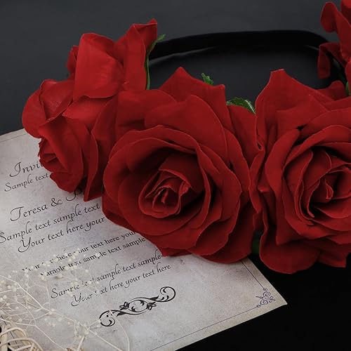 Miniatura 7 de WOVOWOVO Diademas florales con corona de rosas para mujeres y niñas, diadema de rosas falsas rojas para festivales, Halloween, cosplay, disfraces,