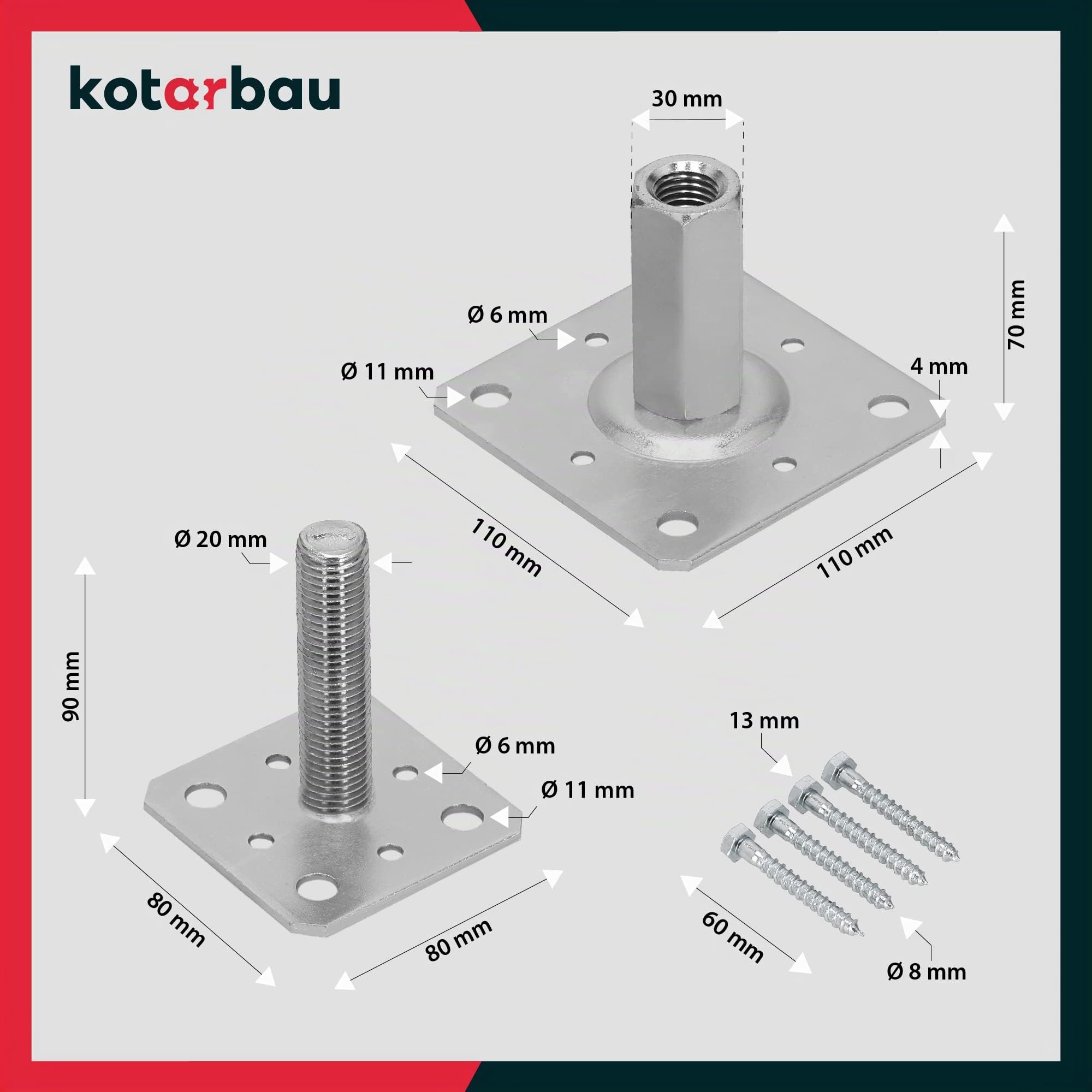 KOTARBAU® 2 Pièces Pied Réglable - Support de Poteau - Acier Galvanisé - 80 x 80 mm - Argent - Pied de Poteau Reglable - 90-150 mm