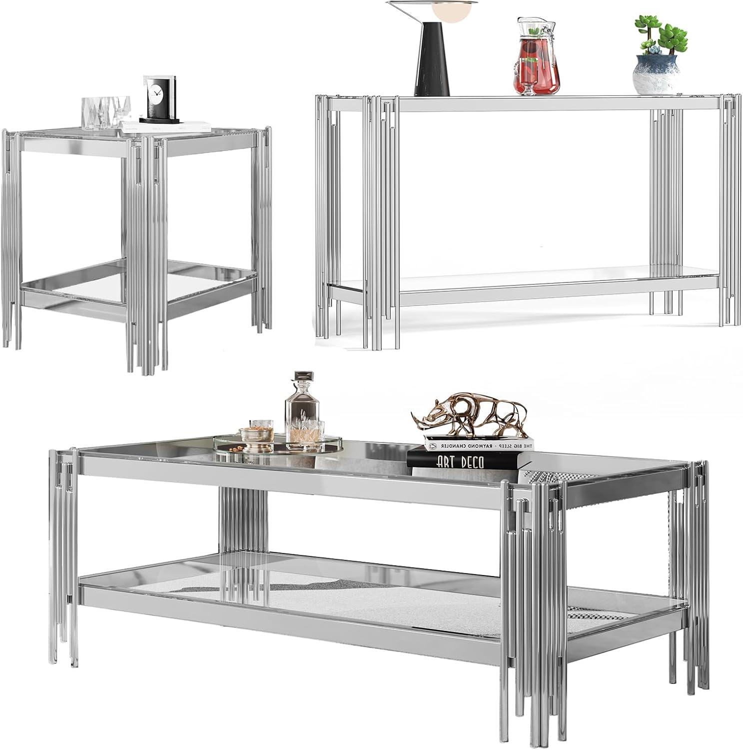 3 Piece Living Room Table Set, Luxury Clear Glass Coffee Table Set with Silver Stainless Steel Legs, Set of 3 Modern Glass Coffee Console Table End Table for Living Room Bedroom