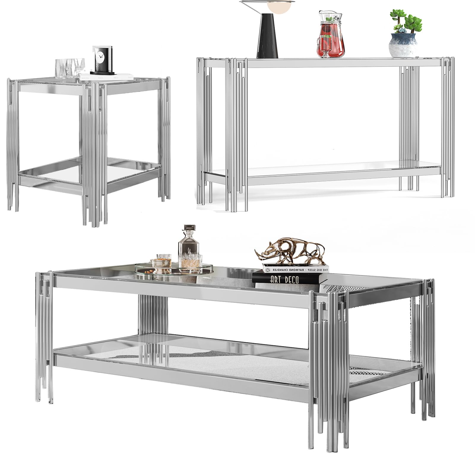 Glass Coffee Table Set of 3, Modern 2-Tier Clear Glass Coffee Table End Table Console Table with Silver Stainless Steel Frame, 3 Pieces Living Room