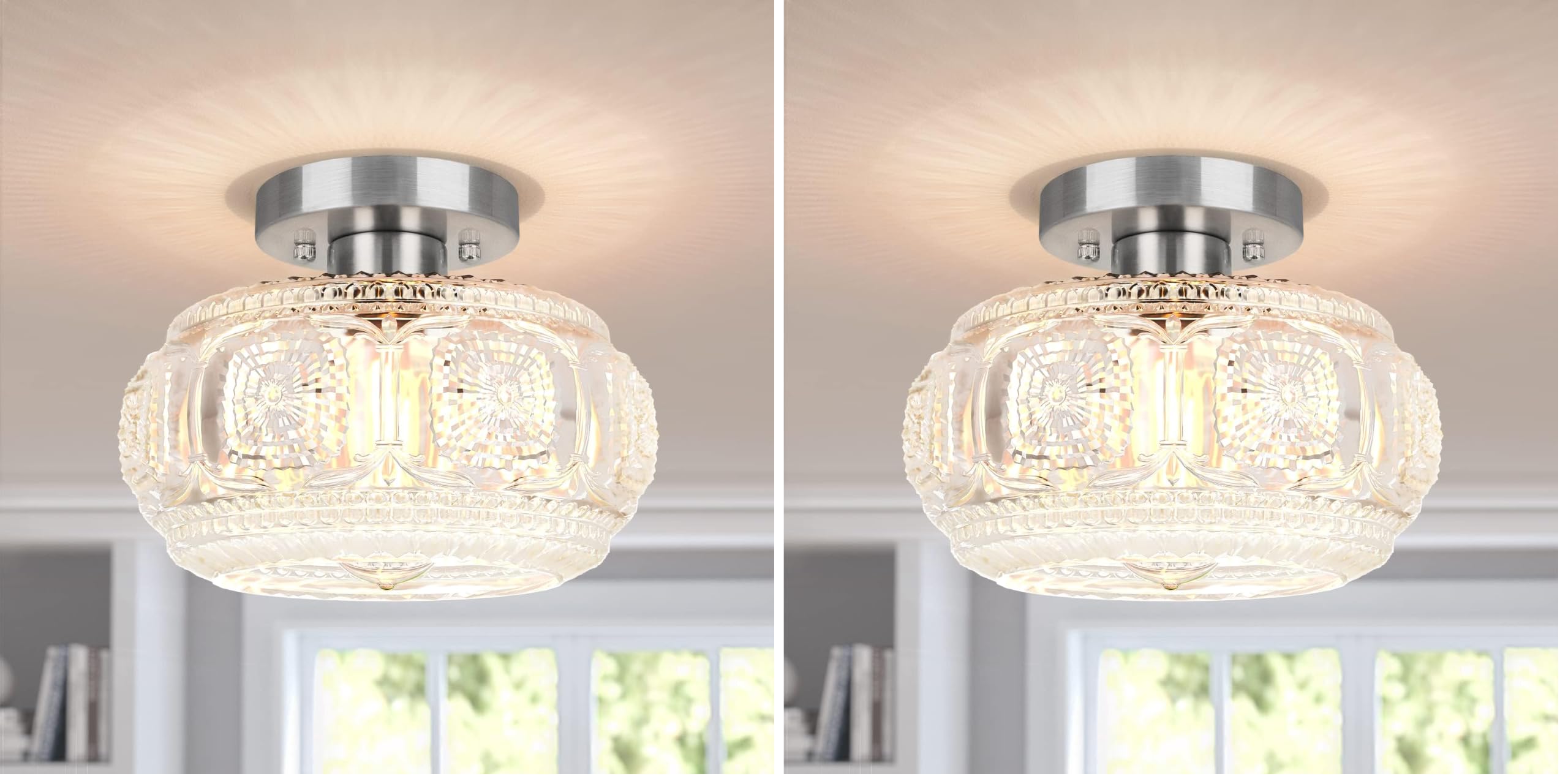 Brushed Nickel Semi Flush Mount Ceiling Light, Glass Shade Modern Ceiling Light Fixture, Lighting for Hallway Bedroom Entryway Kitchen Porch (Pack of 2)