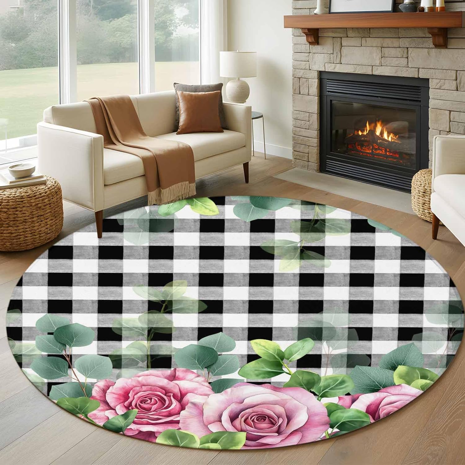 Round Rugs 5Ft, Spring Pink Roses Washable Rug for Living Room Low Pile Indoor Floor Carpet, Pastoral Eucalyptus Black White Plaid Non-Skid Bathroom Rug Kitchen Runner Rugs for Bedroom
