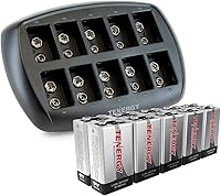 Vista 1 de Tenergy Baterías 9V 600mAh 10PCS Li-ion 9 voltios baterías recargables con 10 ranuras Li-ion 9V cargador de batería para alarma de humo/detector