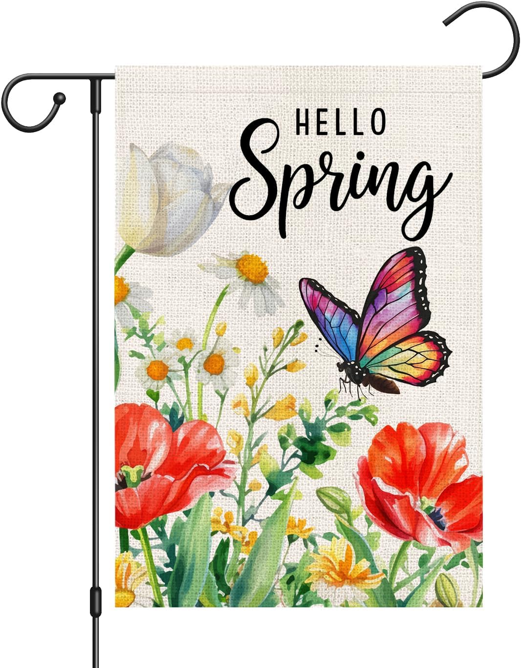 Hello Spring Floral Garden Flag 12x18 Inch Double Sided Tulips Butterfly Small Burlap Yard Flag for Outside