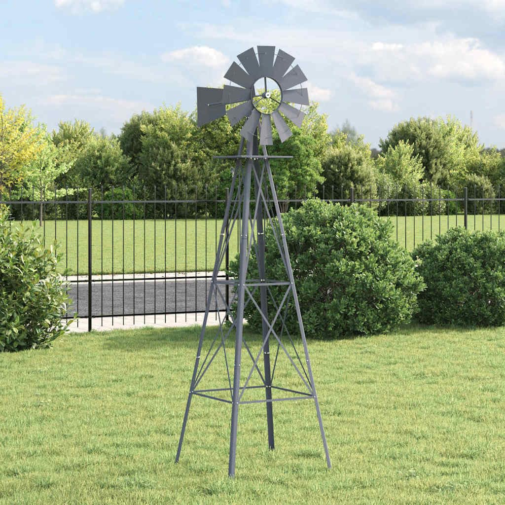 Molino de viento gris de hierro 84 x 68 x 245 cm con construcción resistente a la intemperie, para jardín, terraza, aspecto industrial, barras de apoyo estables, rodamiento de rodamiento