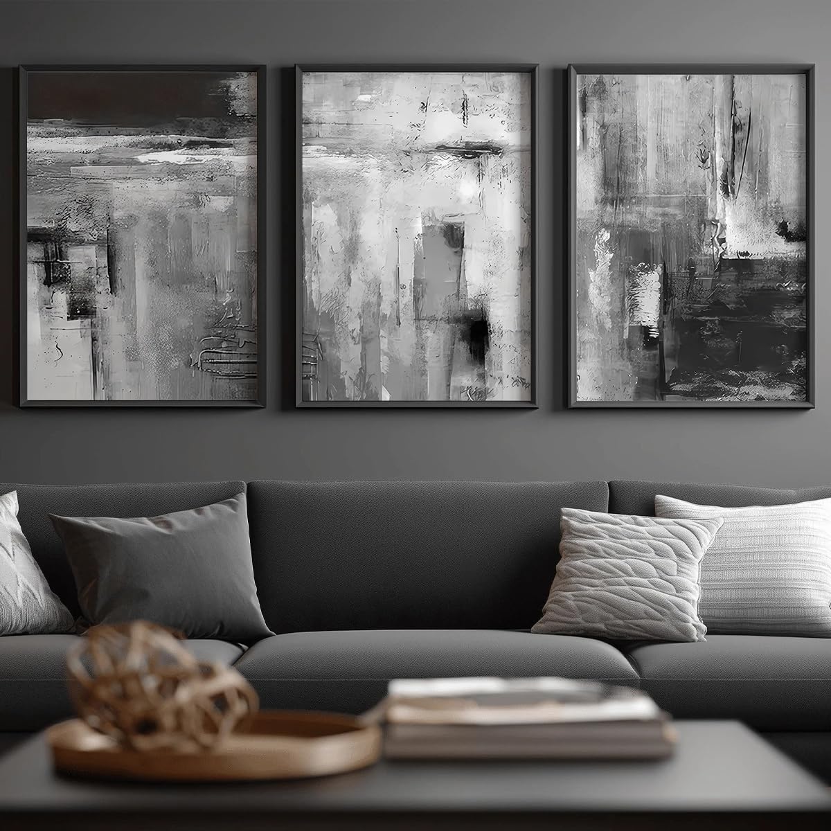 UUDEZO Modernes 3-teiliges Set abstrakter Kunstdrucke in Schwarz-Weiß, Wandposter, Raumdekoration (60 x 120 cm (24 x 47 Zoll), schwarzer Rahmen)