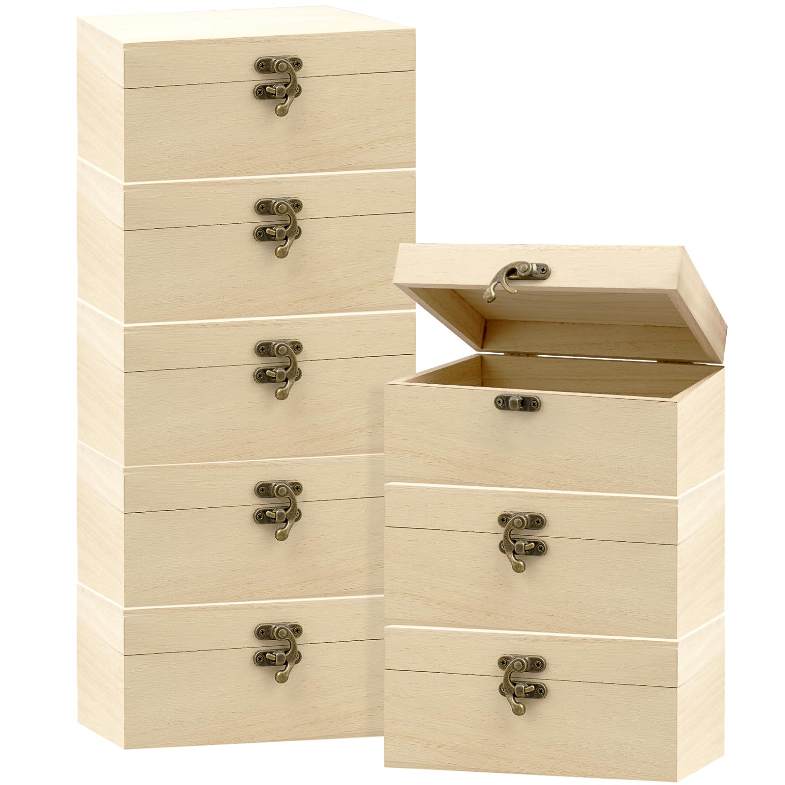 Xaztr 8 Pack Unfinished Wooden Boxes for Crafts, Unpainted Wooden Box Stash Boxes with Hinged Lid for DIY Crafts Arts Hobbies Jewelry Storage (17 x 12.7 x 7.9 cm)
