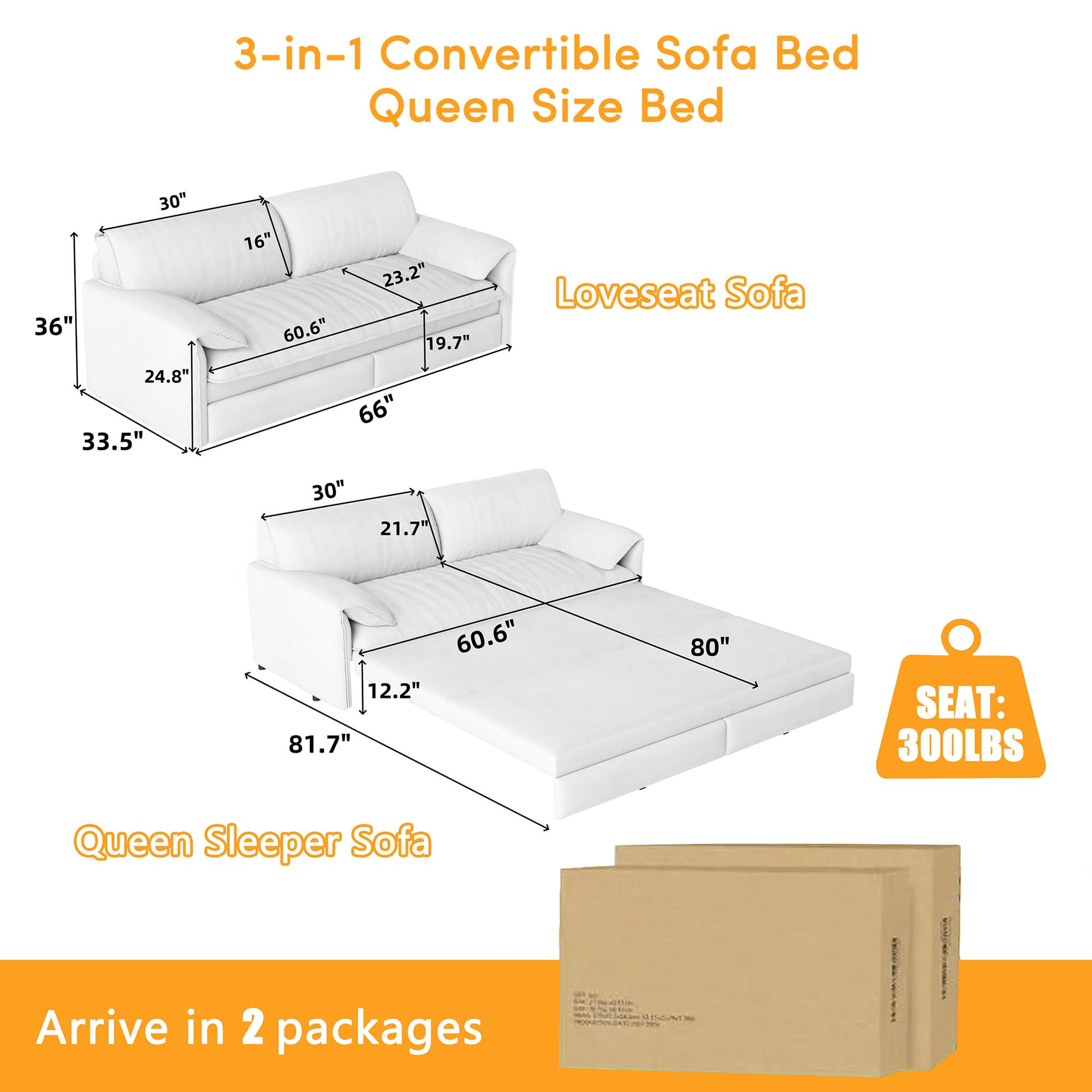 63.8" Sleeper Sofa Bed Queen Size, Pull Out Convertible Velvet Couch, Beige | 3-in-1 Sofa, Recliner & Bed, Removable Cover, Padded Arm, Pocket, for Narrow Doors, Living Room, Small Space, Apartment & RV