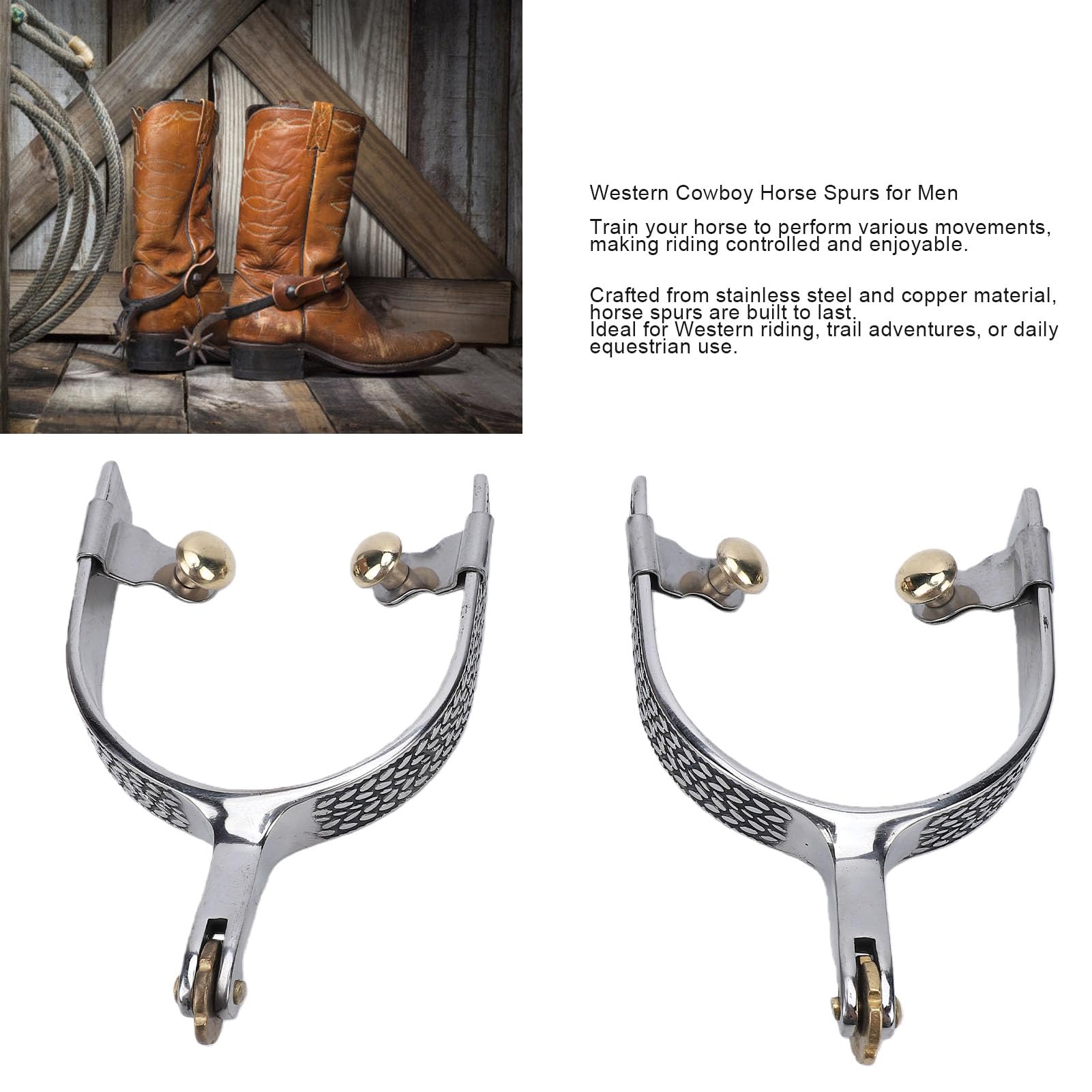 Aramox Speroni da Cavallo Speroni da Uomo in Acciaio Inossidabile e Ottone, Design Antiruggine, 1 Paio, per Competizioni su Trail e Allenamento a Cavallo con Calzata per Stivali