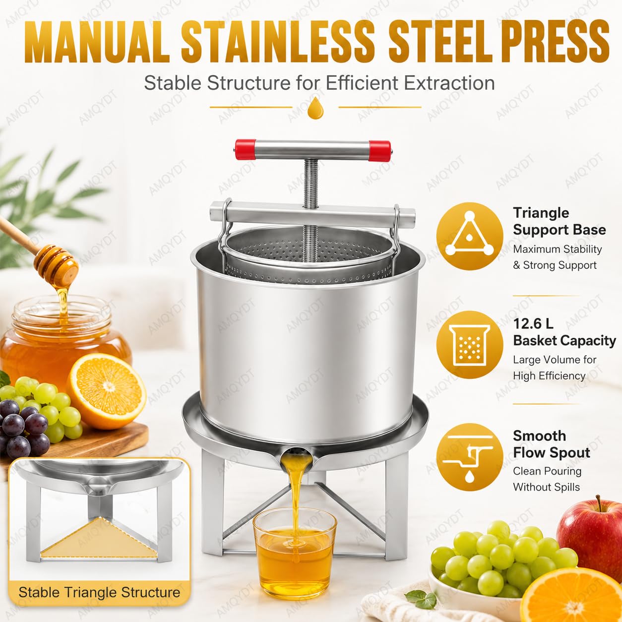 Máquina extractora de miel, prensador manual de acero inoxidable, 12,6 L para apicultura, zumo de frutas y vino, prensa de miel de gran capacidad