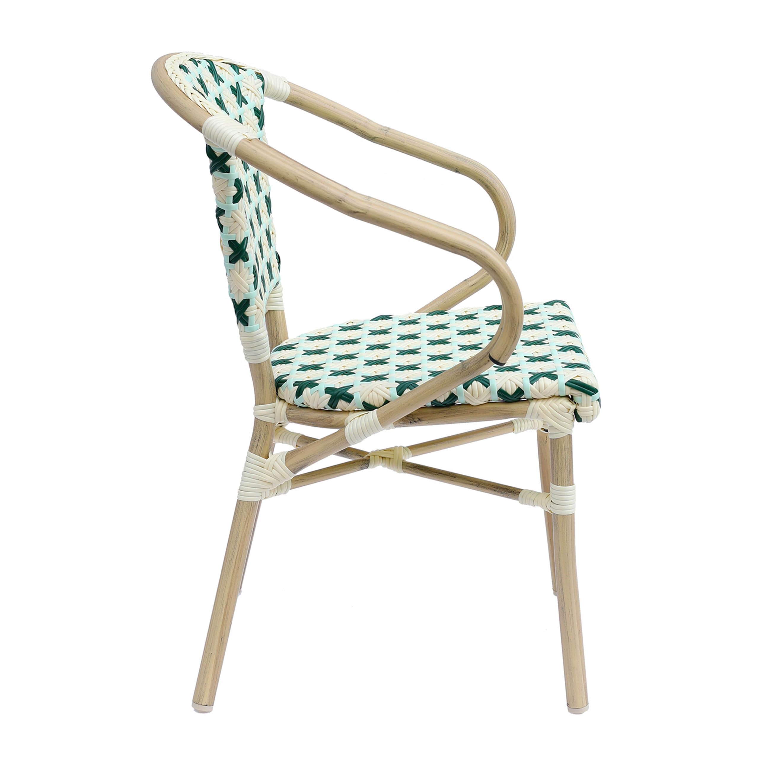 Fauteuil de terrasse bistrot parisien en aluminium et rotin vert foncé
