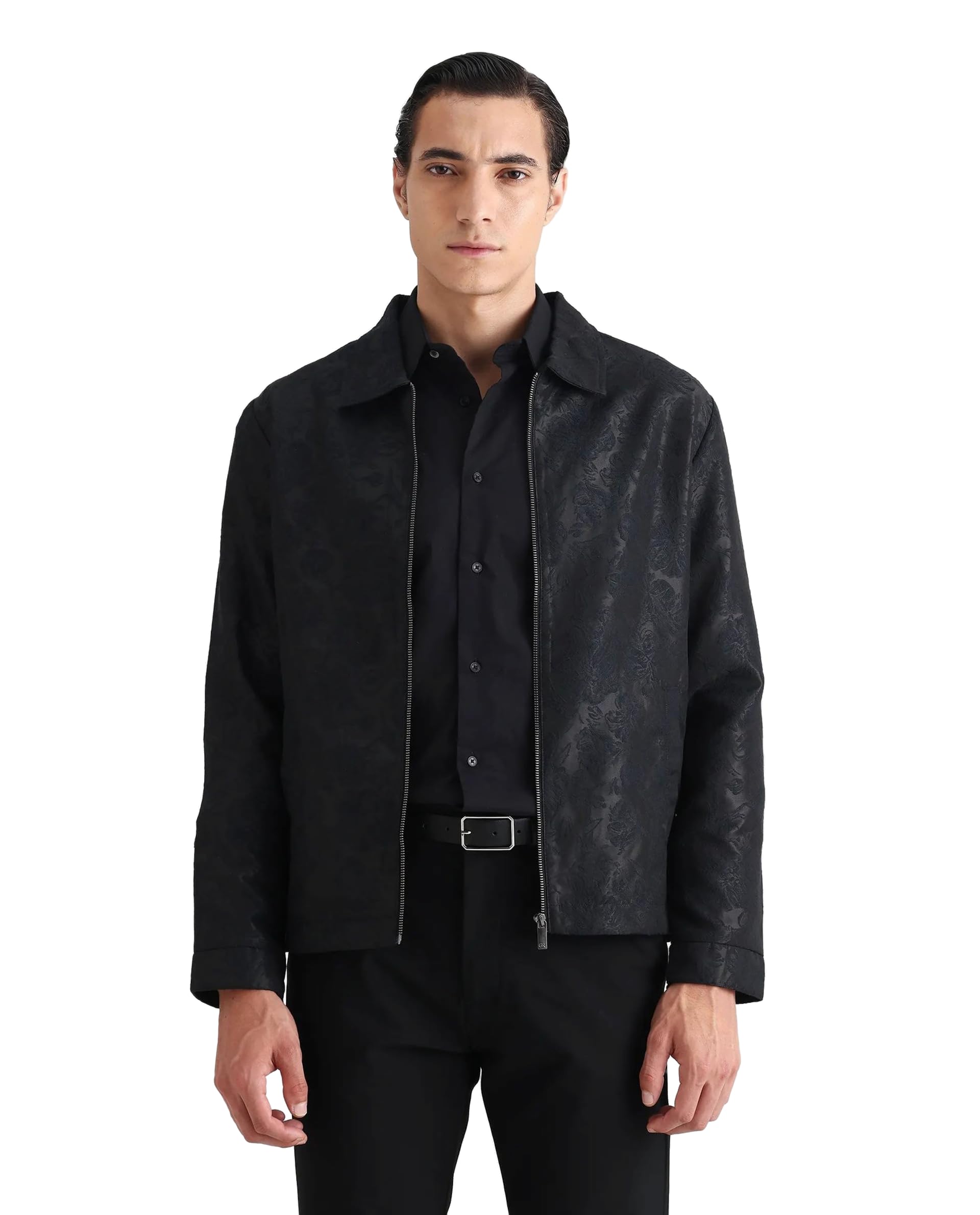 Men's Regular Fit Dark Navy Jacquard Polyester Zip Jacket-image-1