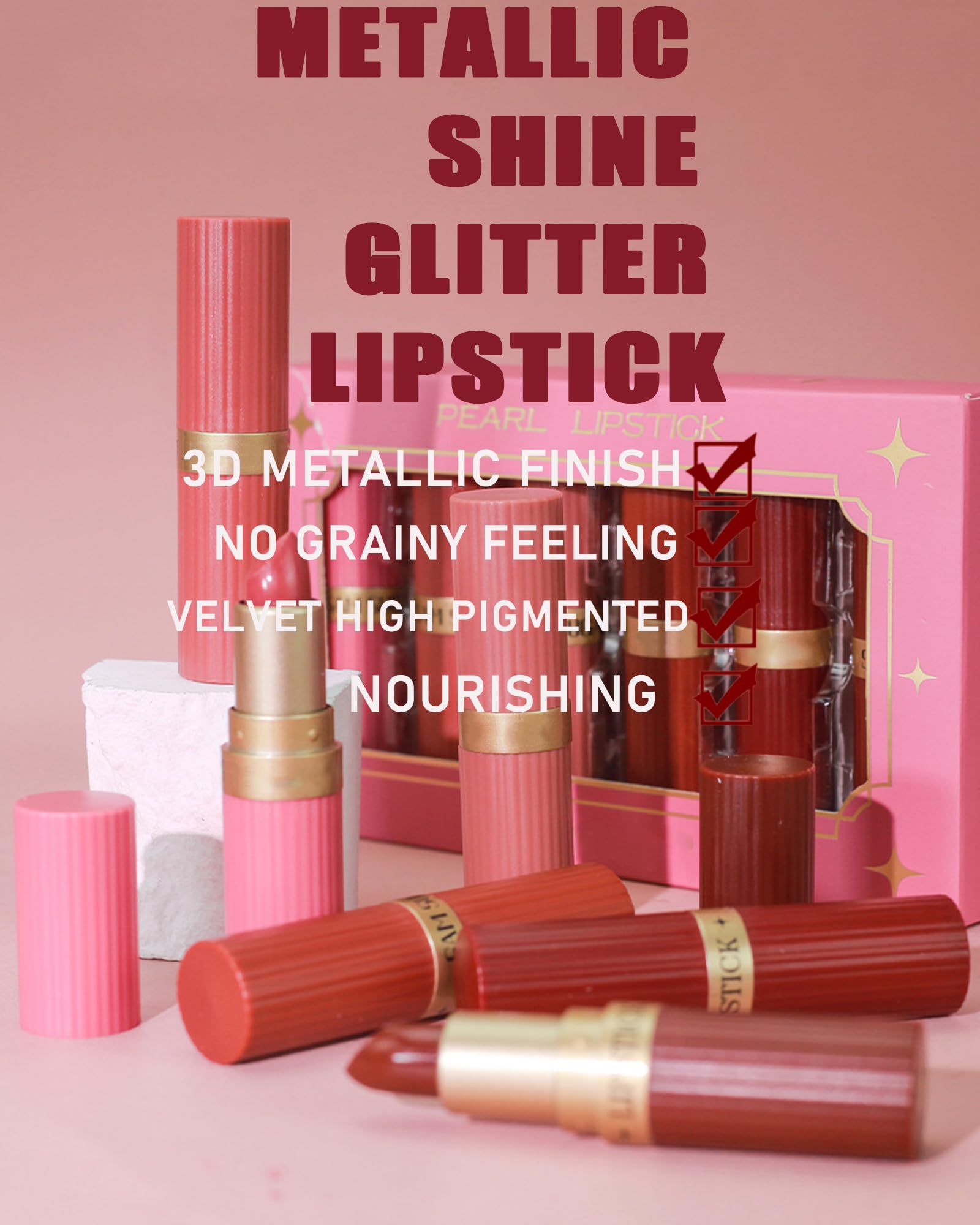Set mit 6 Lippenstiften mit glänzendem Glitter in Nude, Rosa, Braun, Dunkelrosa und Rot. Glänzender Metallic-Lipgloss, wasserfest und langanhaltend. Ein perfektes Geschenk für Lu