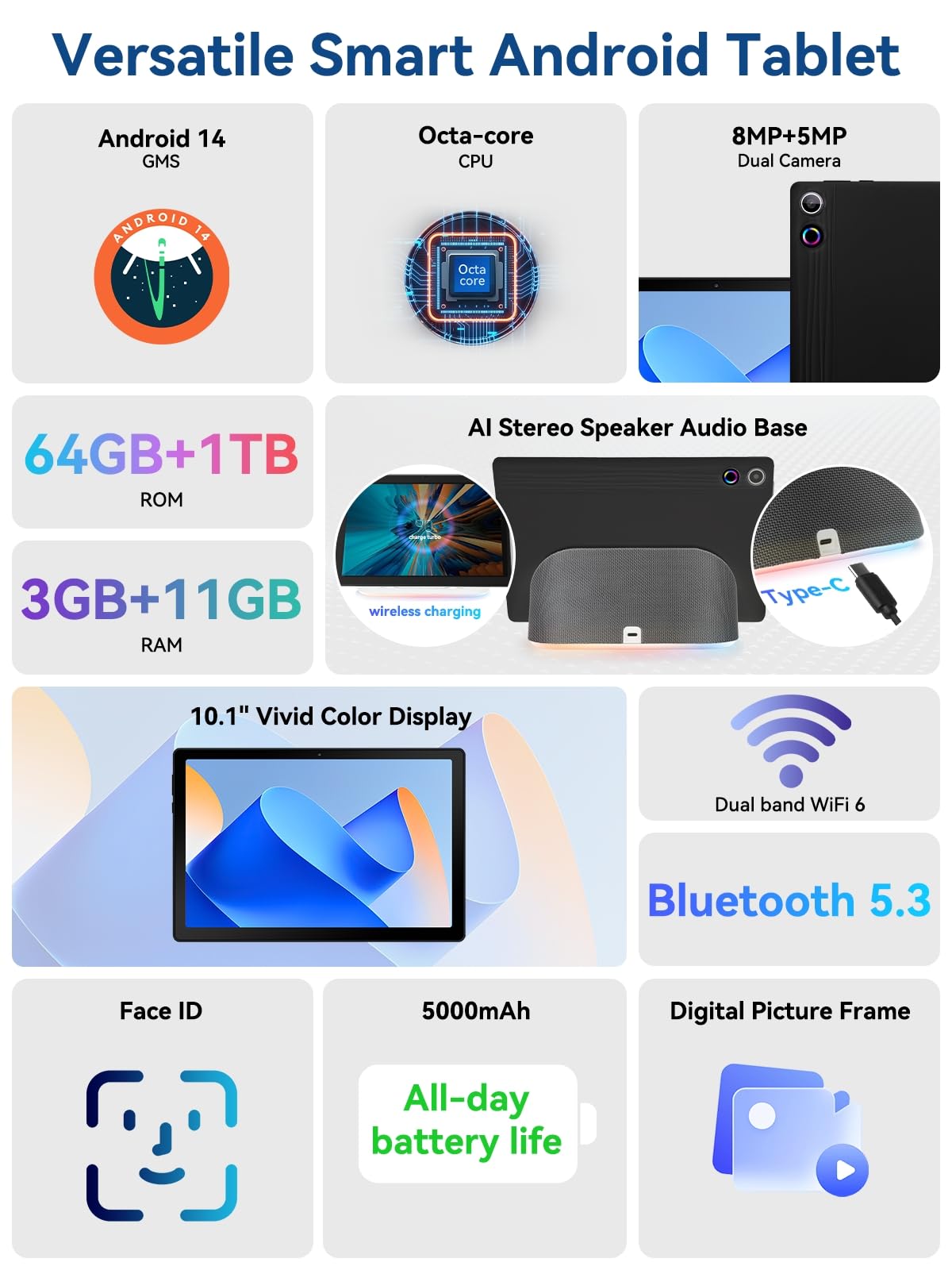 Whitedeer Tablet 10 cali z ośmiordzeniowym systemem Android 14, 14 GB pamięci RAM + 64 GB pamięci ROM, album w chmurze AI i 8 rodzajów białego szumu, aparat 5 MP + 8 MP, Wi-Fi 6 i BT 5.3 (czarny)