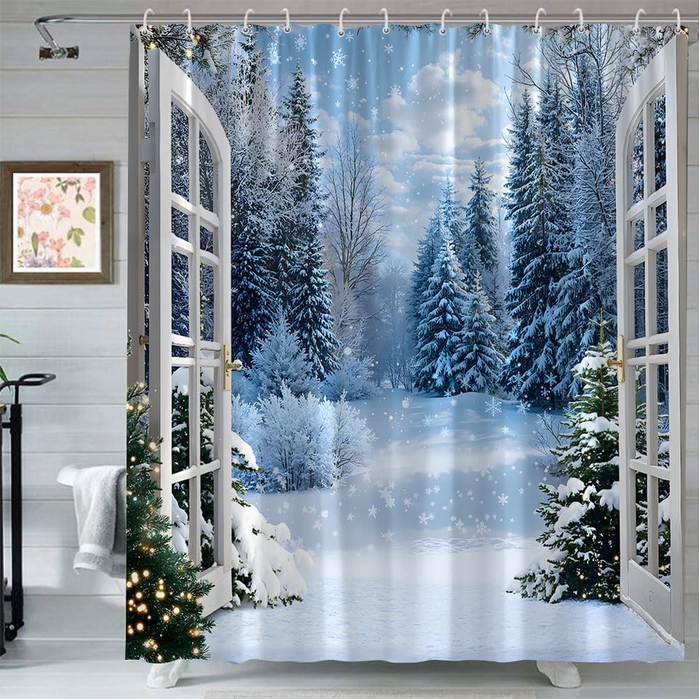 Winter Shower Curtain Christmas Forest Pine Fir Tree White Snowflakes Rustic Natural Jungle Xmas Snow Scene Polyester Fabric Bathroom Curtain with Hooks