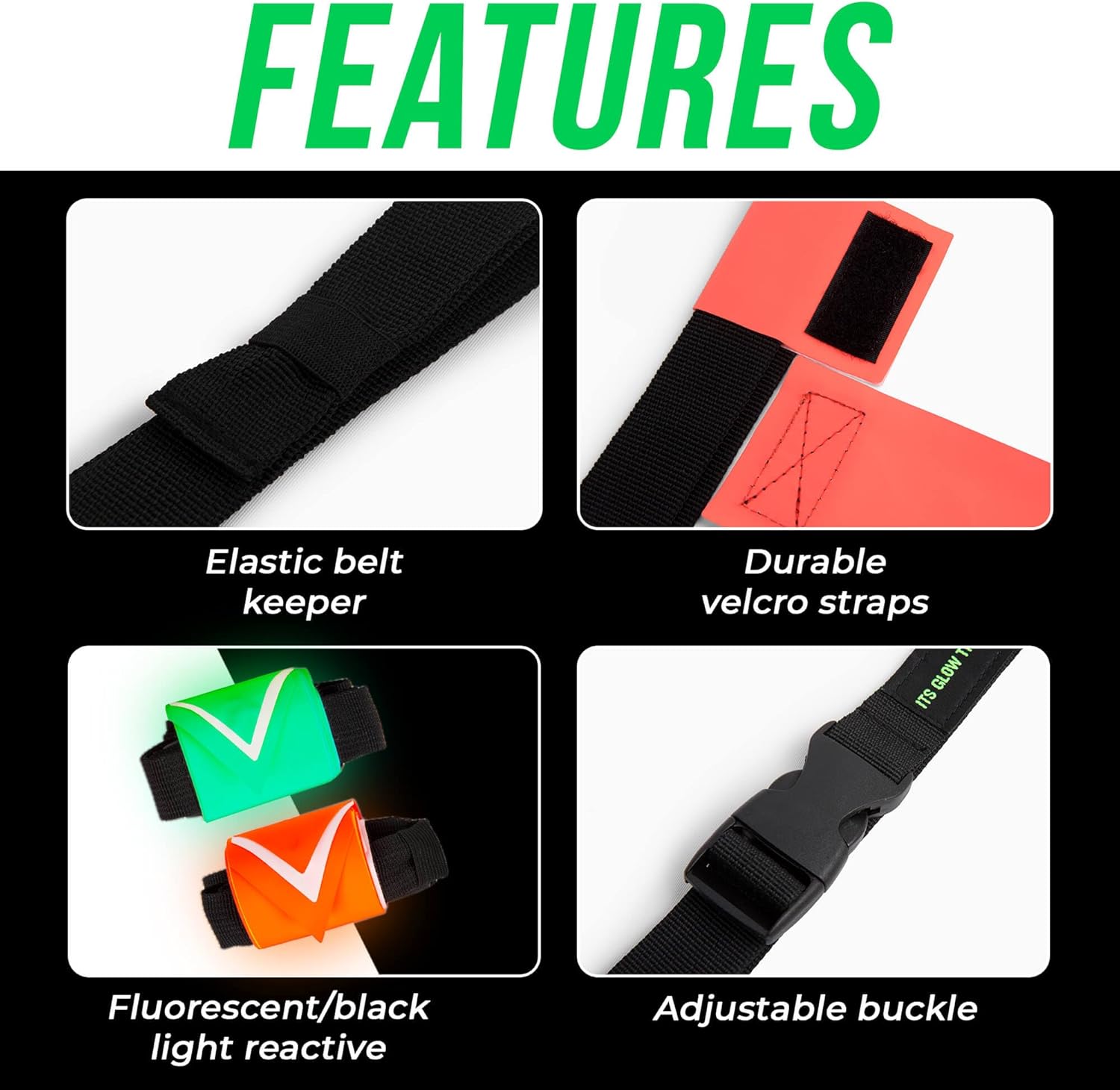 ITS GLOW TIME Glow in the Dark Flag Football Belts (Set of 6 with Storage Bag)- Premium Flags for Day or Night- Adjustable Belt Set for Football Party, Glow Party, Camping, Beach Games, Yard Games