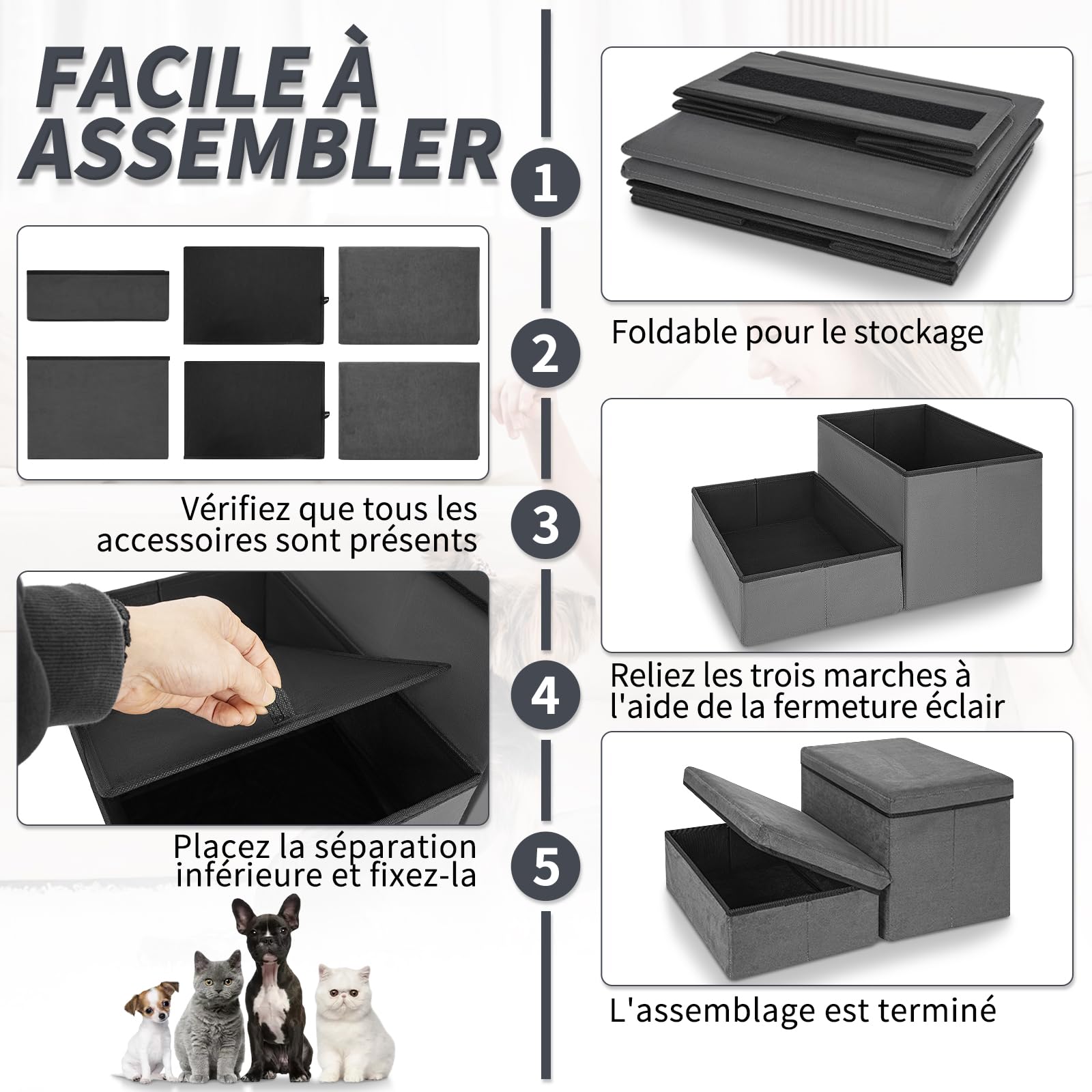 OUUTMEE Escalier pour Chien, Escalier pour Animaux avec Rangement Intégré, Escalier Chien Pliable Antidérapante pour Chiots, Chats Petits/Moyens et Animaux Agés, Lit et Sofa (Gris) (2 Marches)