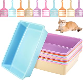 SHENLIU 10 Pcs Open Cat Litter Box Kitten Litter Pan with 10 Scooper, 14.6x10.6x3.5 Inch Medium Plastic Pet Tray 5 Color Durable Nonstick Kitten Box for Cats Puppies Bunnies and Small Animals