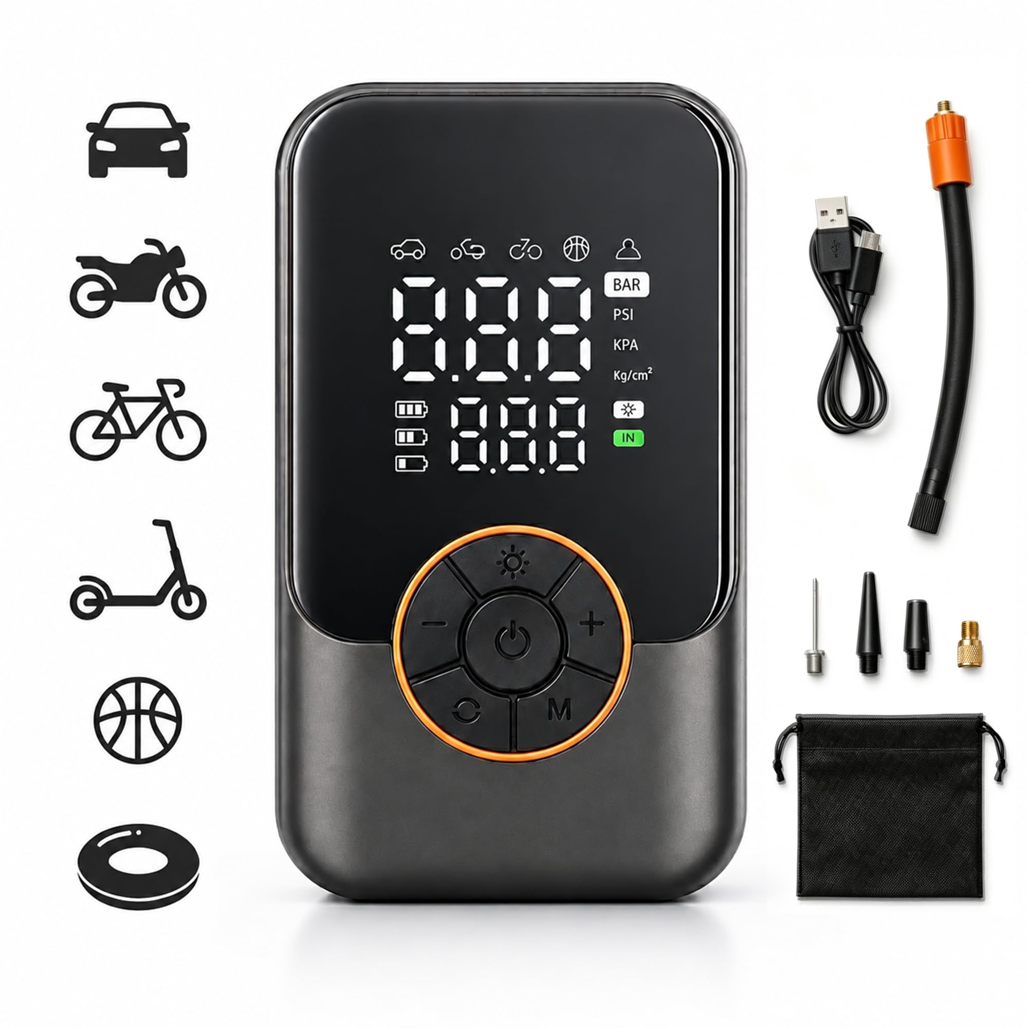 Compressore d'aria portatile, gonfiatore per pneumatici a doppio display con pressione preimpostata e spegnimento automatico, 150 PSI pompa elettrica senza fili per emergenza pneumatici auto, pompa