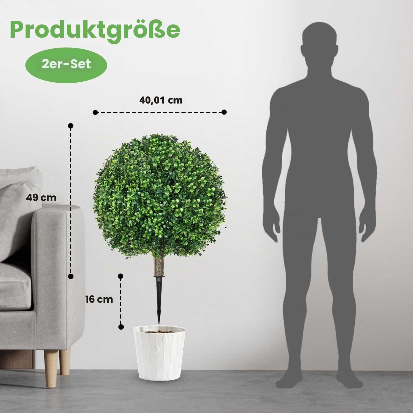2er-Set Künstliche Buchsbaumkugel 65cm, Kunstpflanze mit Erdspieß | UV-Beständig & Lichtbeständig, Immergrüne Künstliche Buchsbaum Pflanzen für Innen und Außen Veranda Gärten