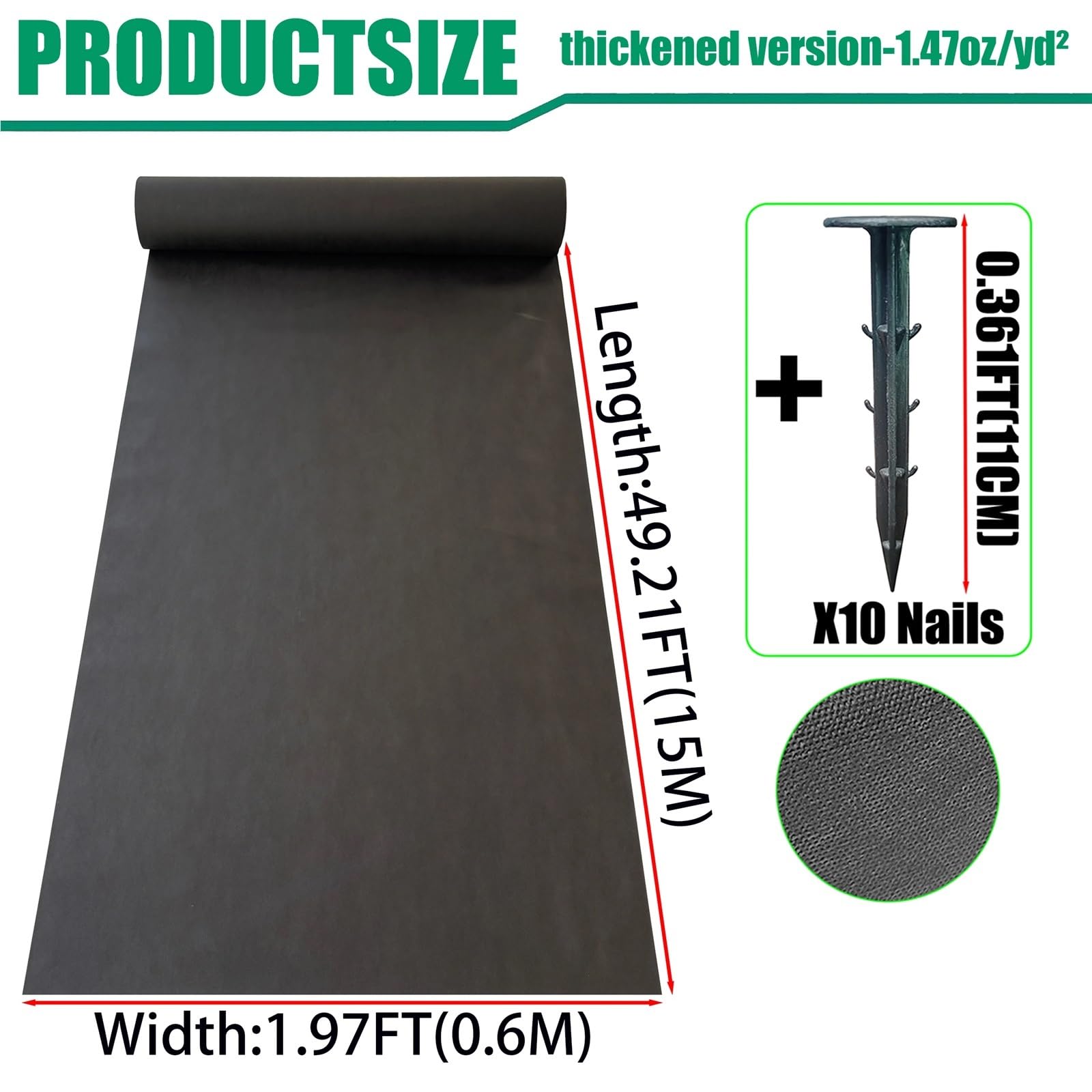 Unkrautvlies 0,6 Meter breites schwarzes grasdichtes Tuch, inklusive 10 Erdnägeln, geeignet for Gemüsegärten