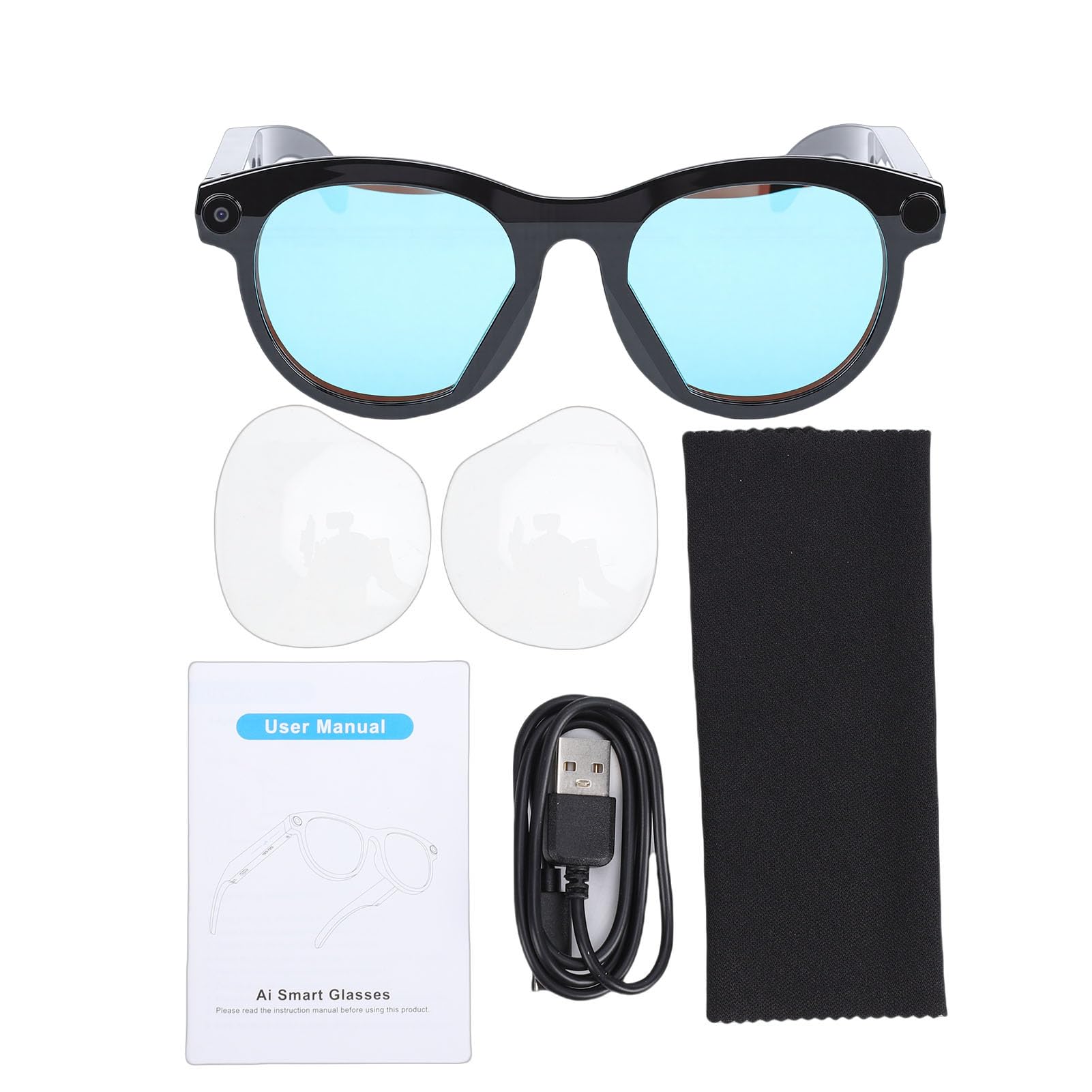 Asixxsix Occhiali Intelligenti AI con Fotocamera, Occhiali per Fotocamera da 2 MP con Traduzione in Tempo Reale, Assistente Vocale e Flash LED, per (Montatura nera con lenti trasparenti e blu)